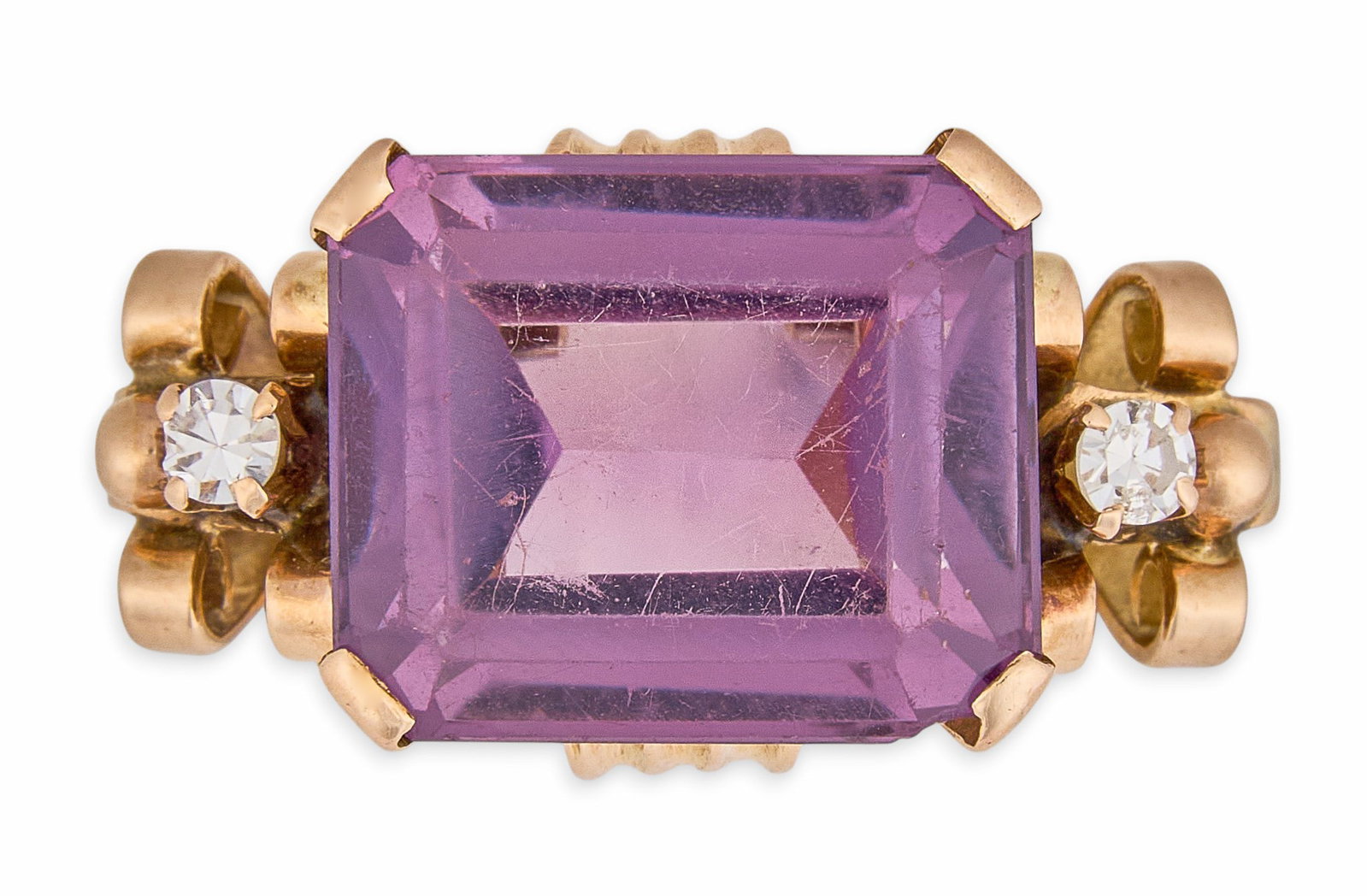 14K Amethyst & Diamond Ring: 14K yellow gold (tested) ring set with emerald cut amethyst center stone, approximately 14 mm x 11.6 mm, flanked by two round brilliant cut diamonds, approximately 0.1 ctw Size: 8.75 Total weight