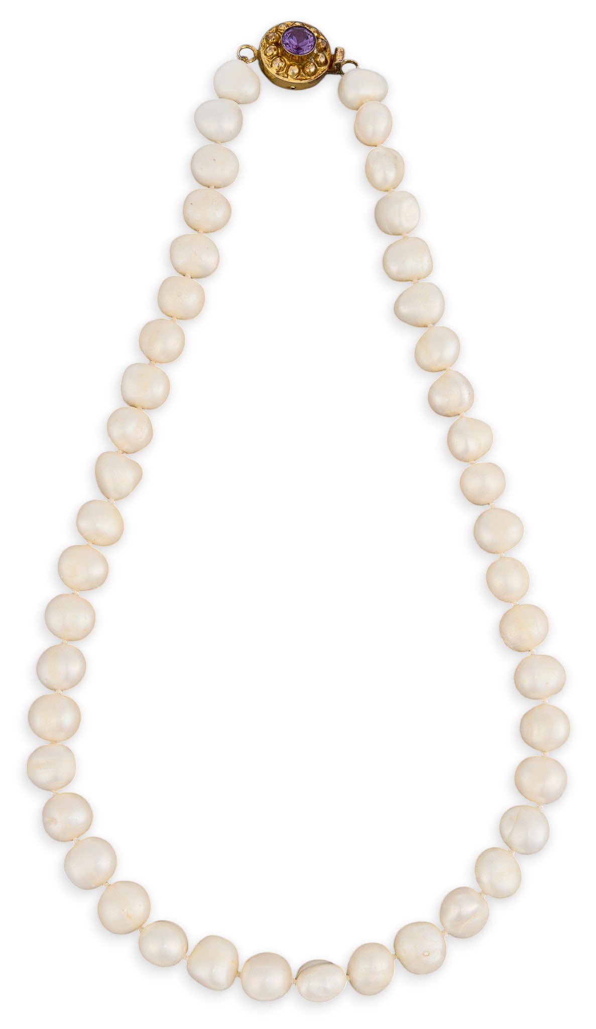 Pearl Necklace with Amethyst Clasp: Single strand pearl necklace, featuring gold-toned sterling silver clasp set with round amethyst detail, marked "925" Length: 21 in. Total weight: 3.6 g Provenance: Property from a