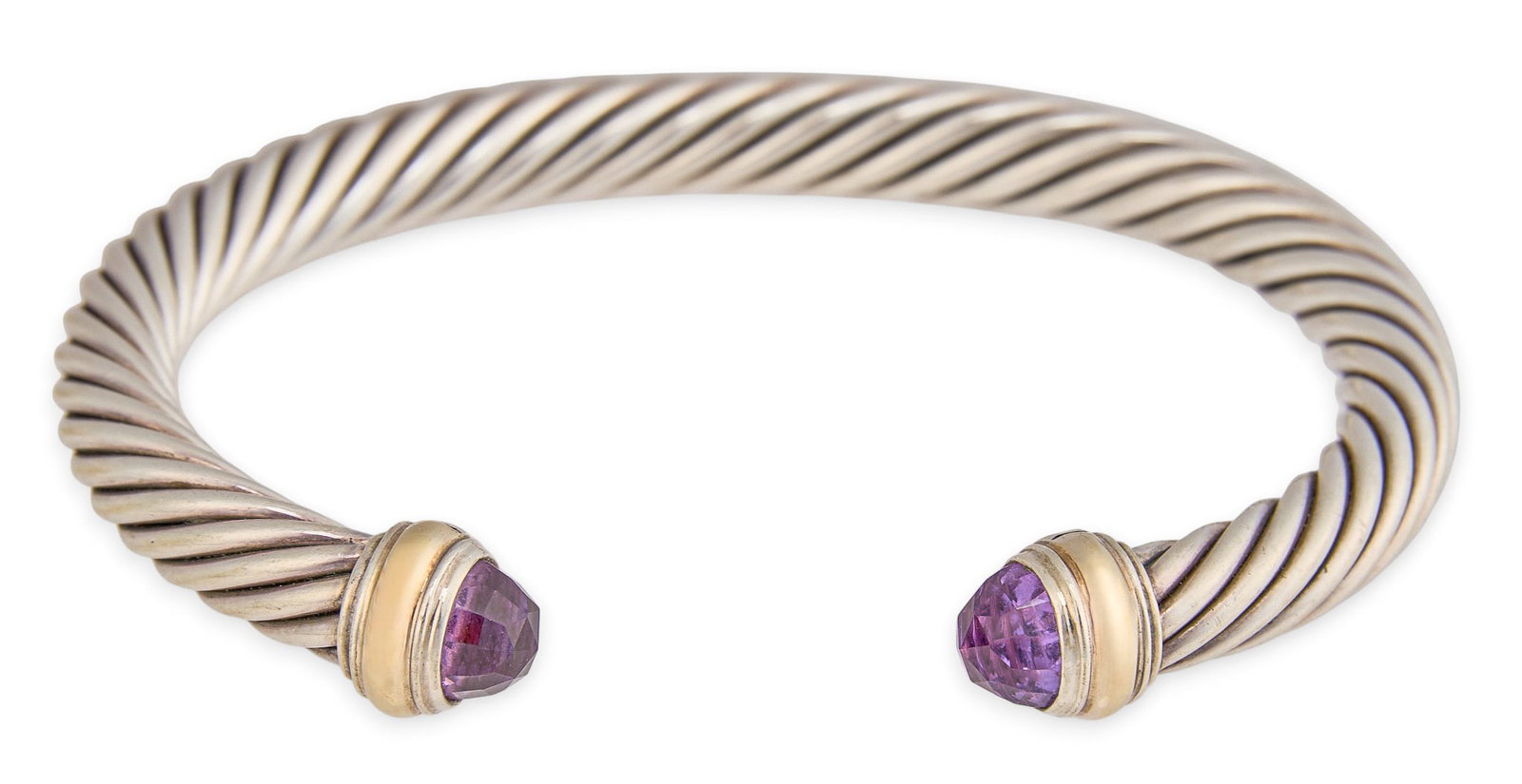 David Yurman Sterling Silver/14K Amethyst Cable Bracelet: David Yurman sterling silver cable flex cuff bracelet, set with amethyst end caps and 14K yellow gold details, marked "D. Yurman 925 585" Circumference: 6.5 in. Total weight: 40.8 g Pro