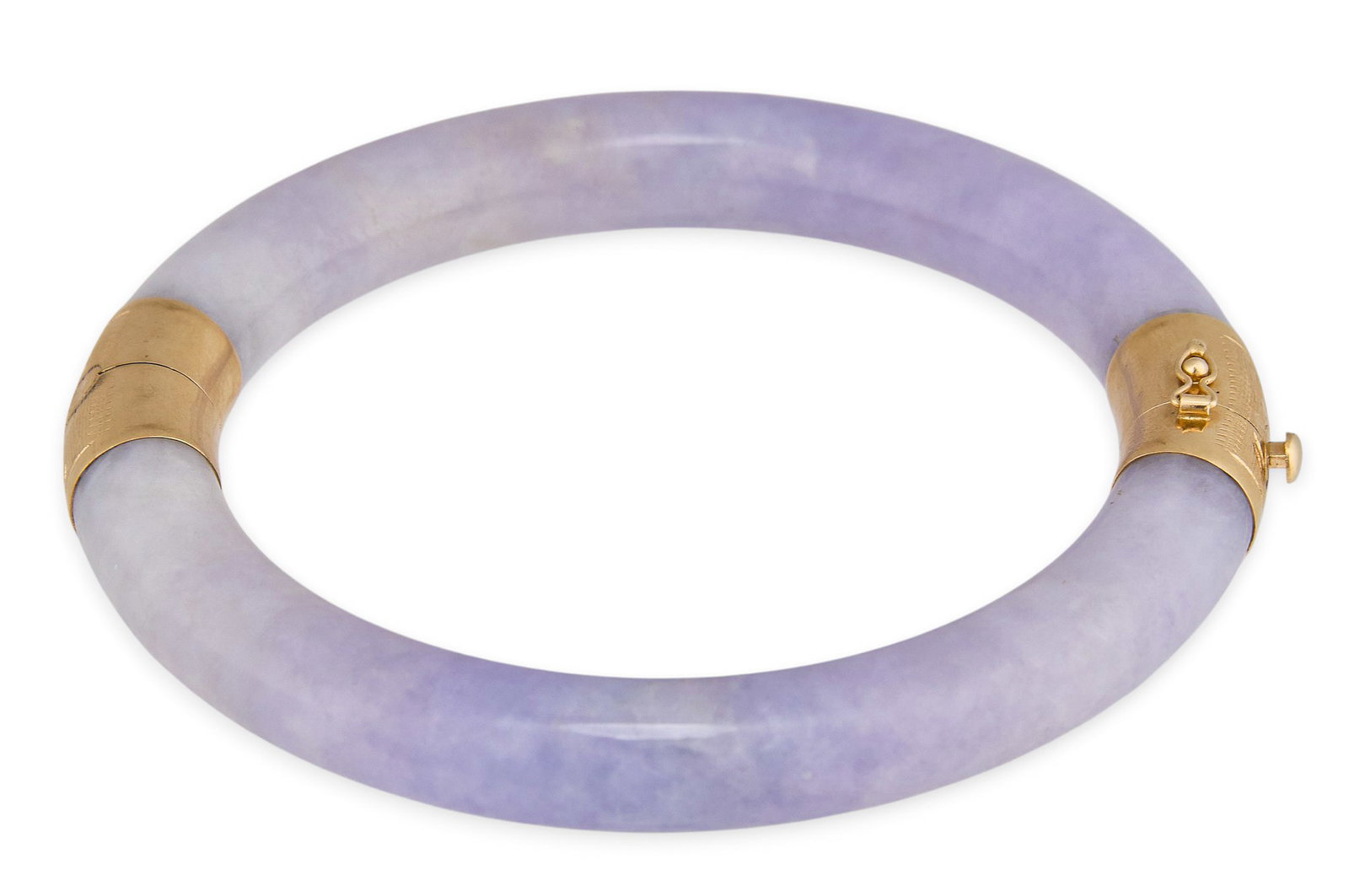14K Lavender Jade Bangle: 14K gold lavender jade hinged cuff bracelet, clasp marked "585 14K" Circumference: 7 in. Total weight: 50.6 g Provena