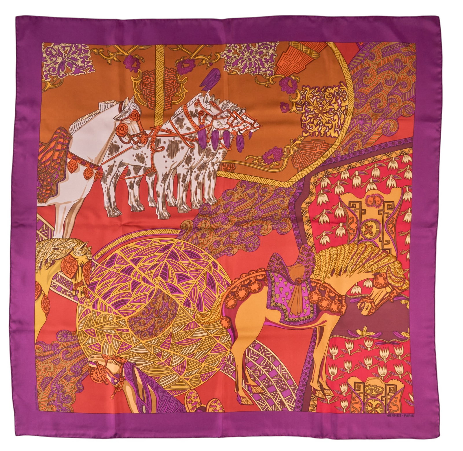 Hermes Art de Steppes Silk Scarf: Hermes "Art de Steppes" silk scarf, designed by Annie Faivre, includes original box Square: 34.5 in. Condition A; excellent condition, shows little signs of wear