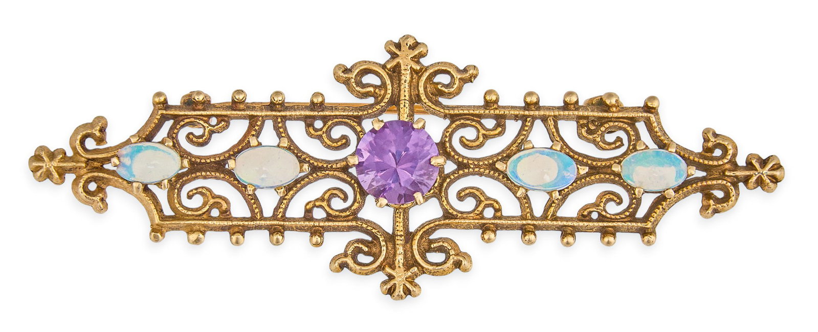 14K Mystic Topaz & Opal Brooch: 14K yellow gold filagree brooch, set with central round brilliant cut amethyst, accented by oval cut mystic topaz, marked "14K" Size: 2.25 in. x 0.75 in. Total weight: 5.0 g