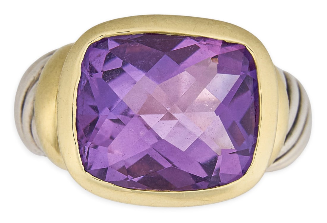 David Yurman Sterling/14K Noblesse Amethyst Ring: David Yurman Noblesse sterling silver cable design ring, set with faceted amethyst stone in 14K gold bezel setting, marked "D. YURMAN 585 925" Size: 8 Total weight: 11.5 g Provenance: