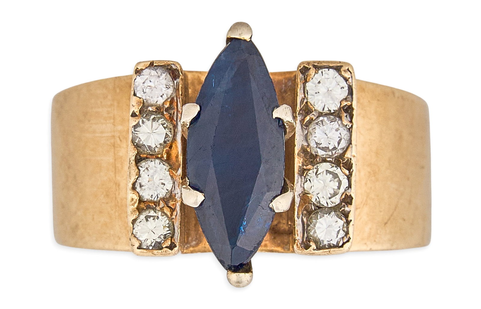 14K Sapphire & Diamond Ring: 14K gold ring centering a marquise-cut sapphire, accented by two vertical rows of round-cut diamonds Size: 6.5 Total weight: 6.0 g