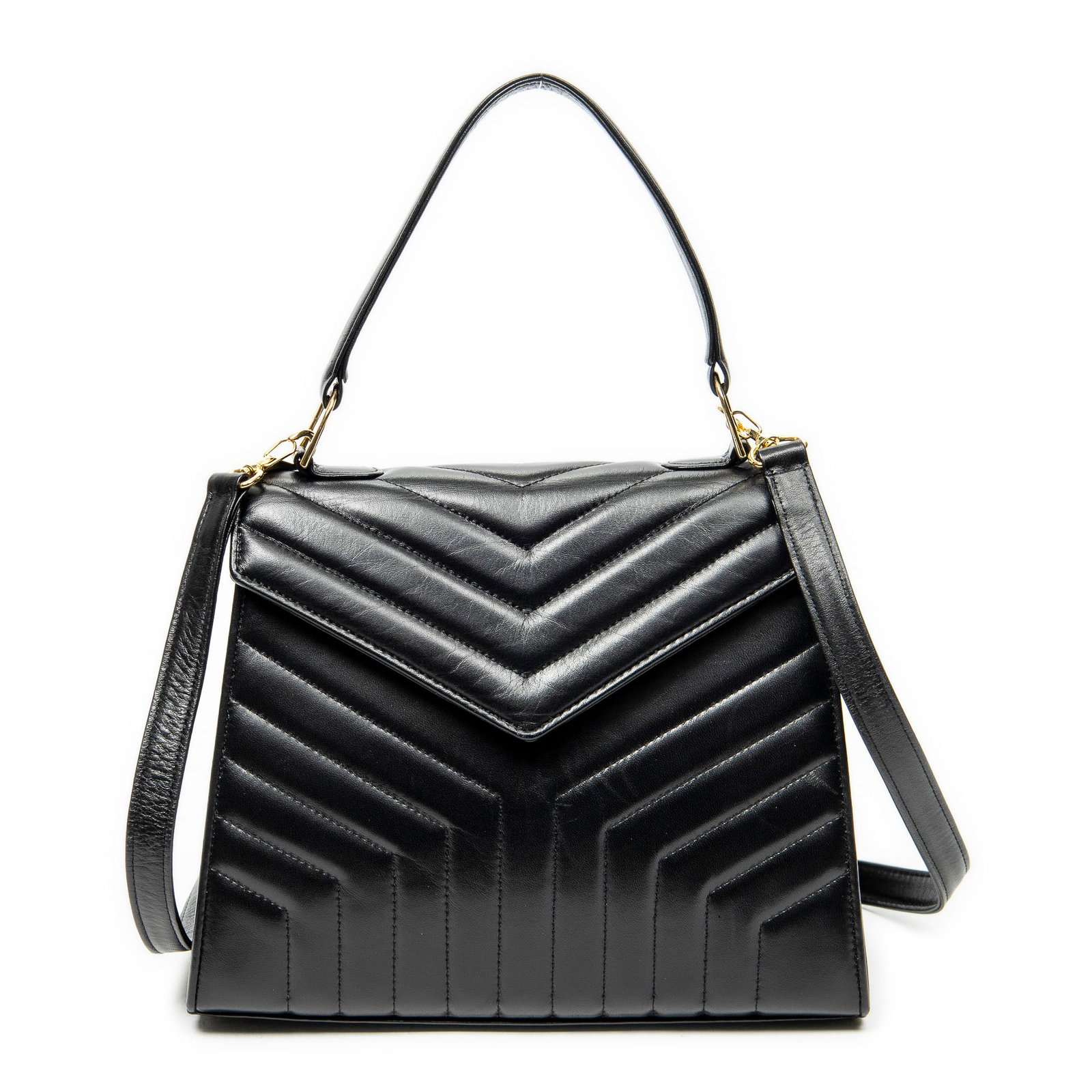 Yves Saint Laurent Vintage Trapezoid Top Handle Flap Shoulder Bag: Yves Saint Laurent Vintage Trapezoid Top Handle Flap shoulder bag in black chevron quilted calfskin leather, gold hardware, includes long strap, dustbag, box; third-party authenticated 10.25 in. 