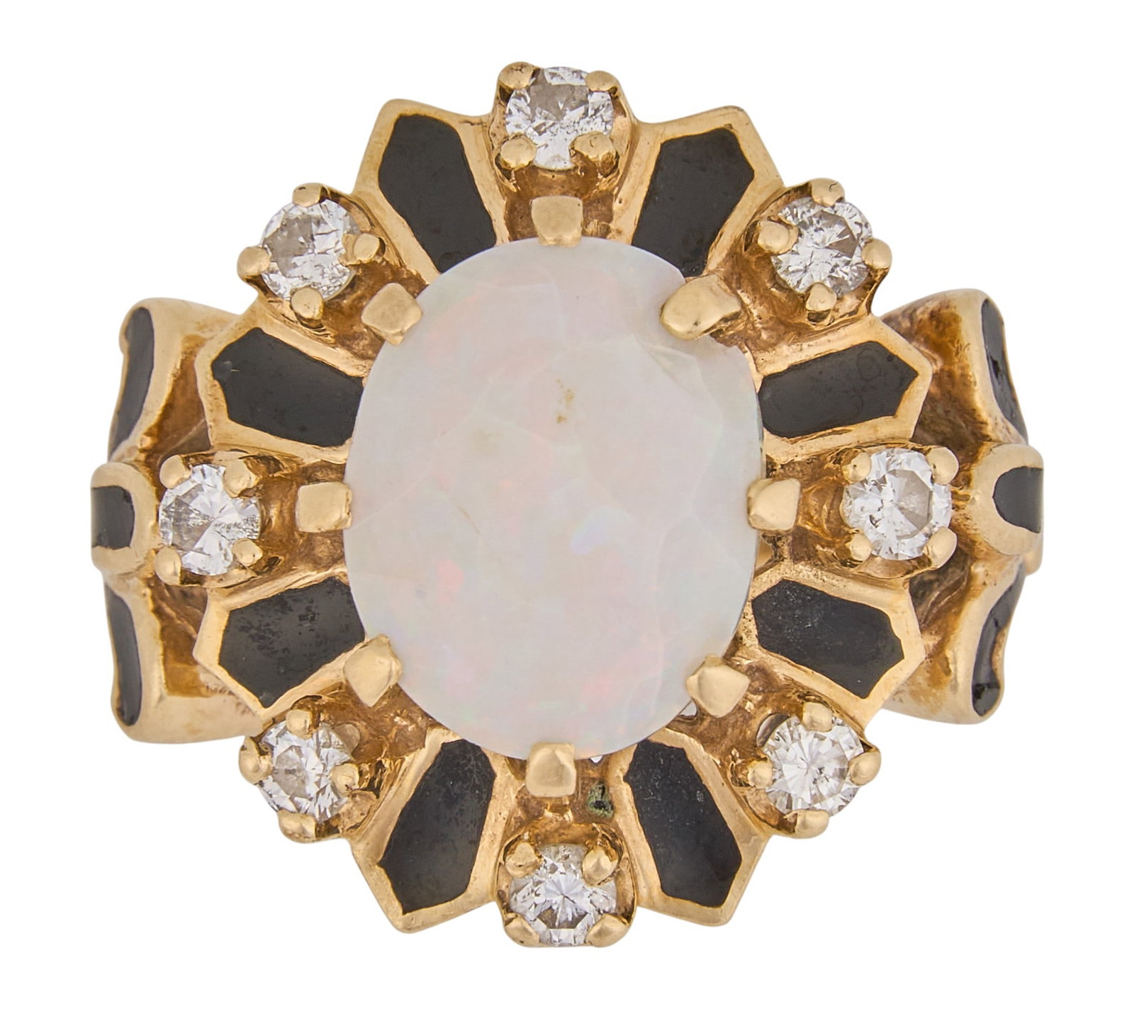 14K Opal & Diamond Ring: 14K yellow gold ring, set with oval shaped opal center stone, surrounded by eight round brilliant cut diamonds, approximately 0.8ctw, marked "14K" Size: 7 Total weight: 9.6 g Condition: Opal