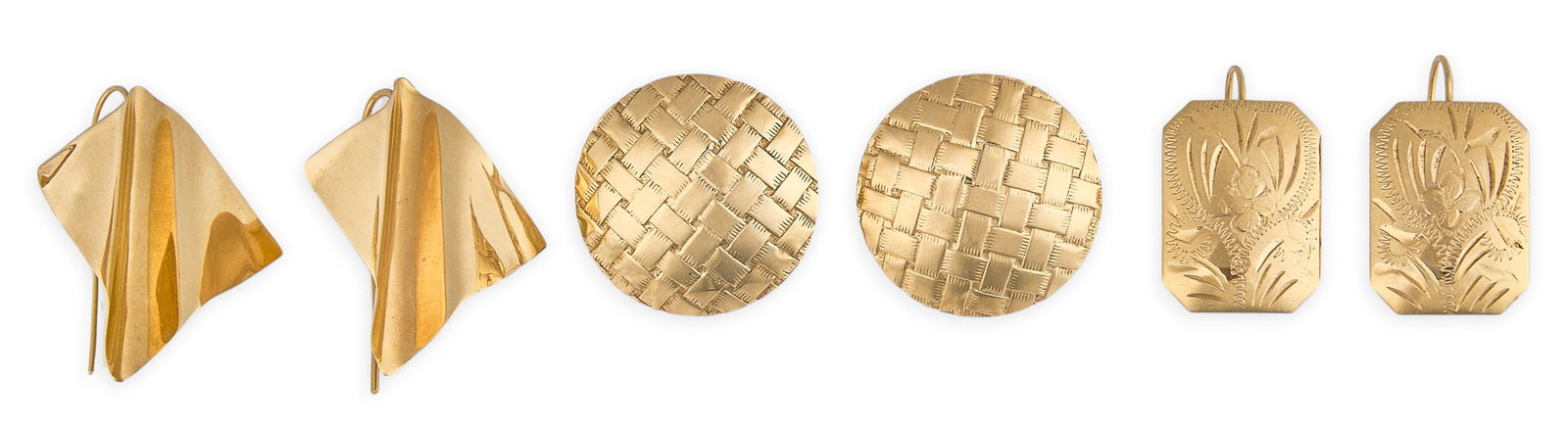 (3) Pairs of 14K Earrings: Three pairs of 14K gold earrings, various styles Total weight: 7.9 g Provenance: Property from a home in the Alamo Heights neighborh
