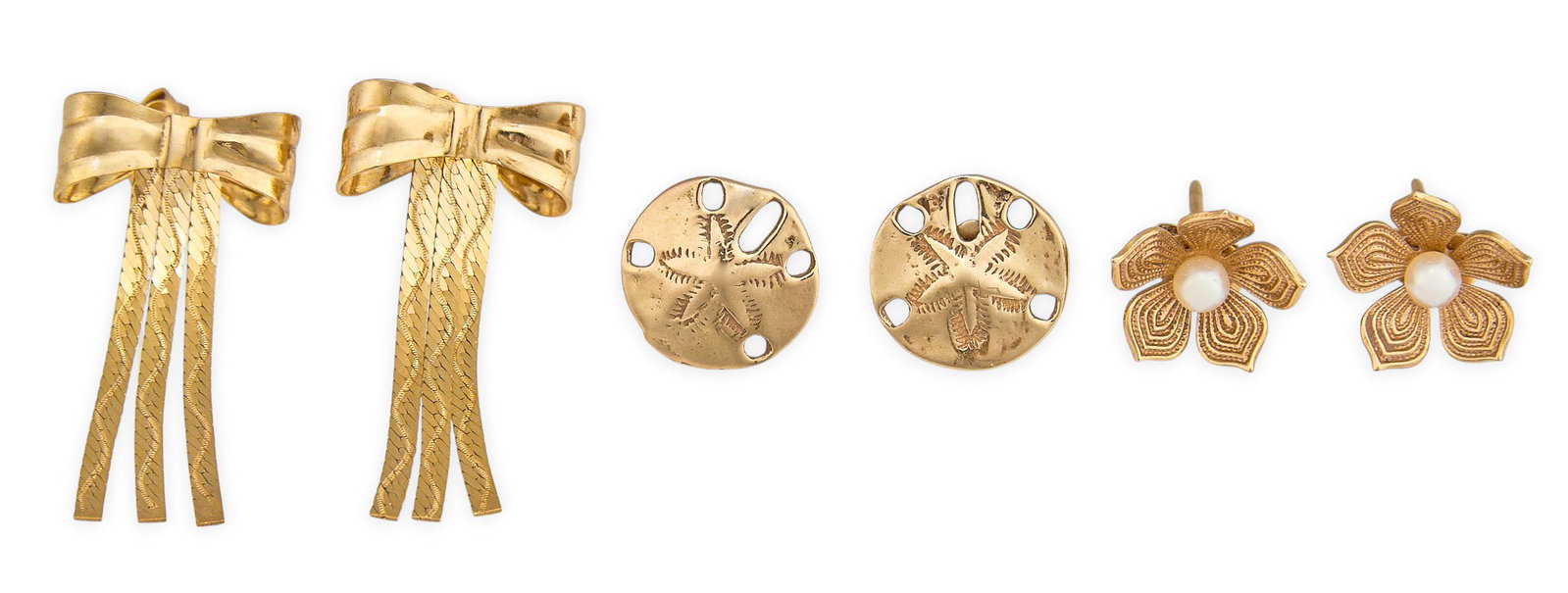 (3) Pairs of 14K Earrings: Three pairs of 14K gold earrings, with various gemstones, sizes, and styles Total weight: 6.51 g Provenance: Property from a home in the Alamo Heights neighborhood in San Antonio, Texas