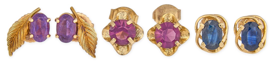 (3) Pairs of 14K Gemstone Earrings: Three pairs of 14K gold earrings, with various gemstones, sizes, and styles Total weight: 4.03 g Provenance: Property from a home in the Alamo Heights neighborhood in San Antonio, Texas