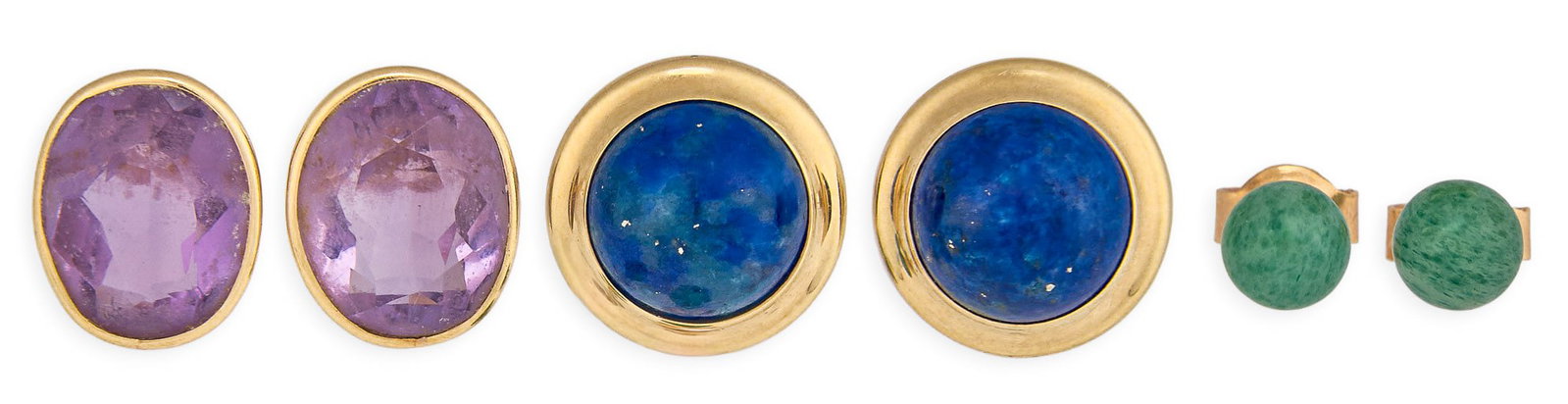 (3) Pairs of 14K/18K Gemstone Earrings: Three pairs of 18K and 14K gold earrings, with various gemstones, sizes, and styles Total weight: 5.7 g Provenance: Property from a home in the Alamo Heights neighborhood in San Antonio,