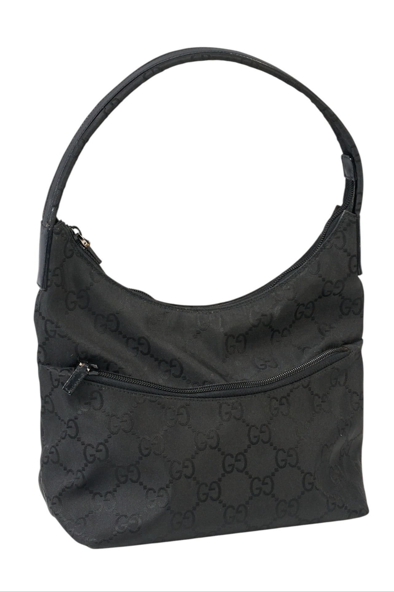 Gucci Black Nylon Bag: Gucci black nylon bag with black leather handle, marked "001-3386 1705" 14 in. x 10 in. x 5 in. Condition A; excellent condition, shows little signs of wear Provenance: Property from