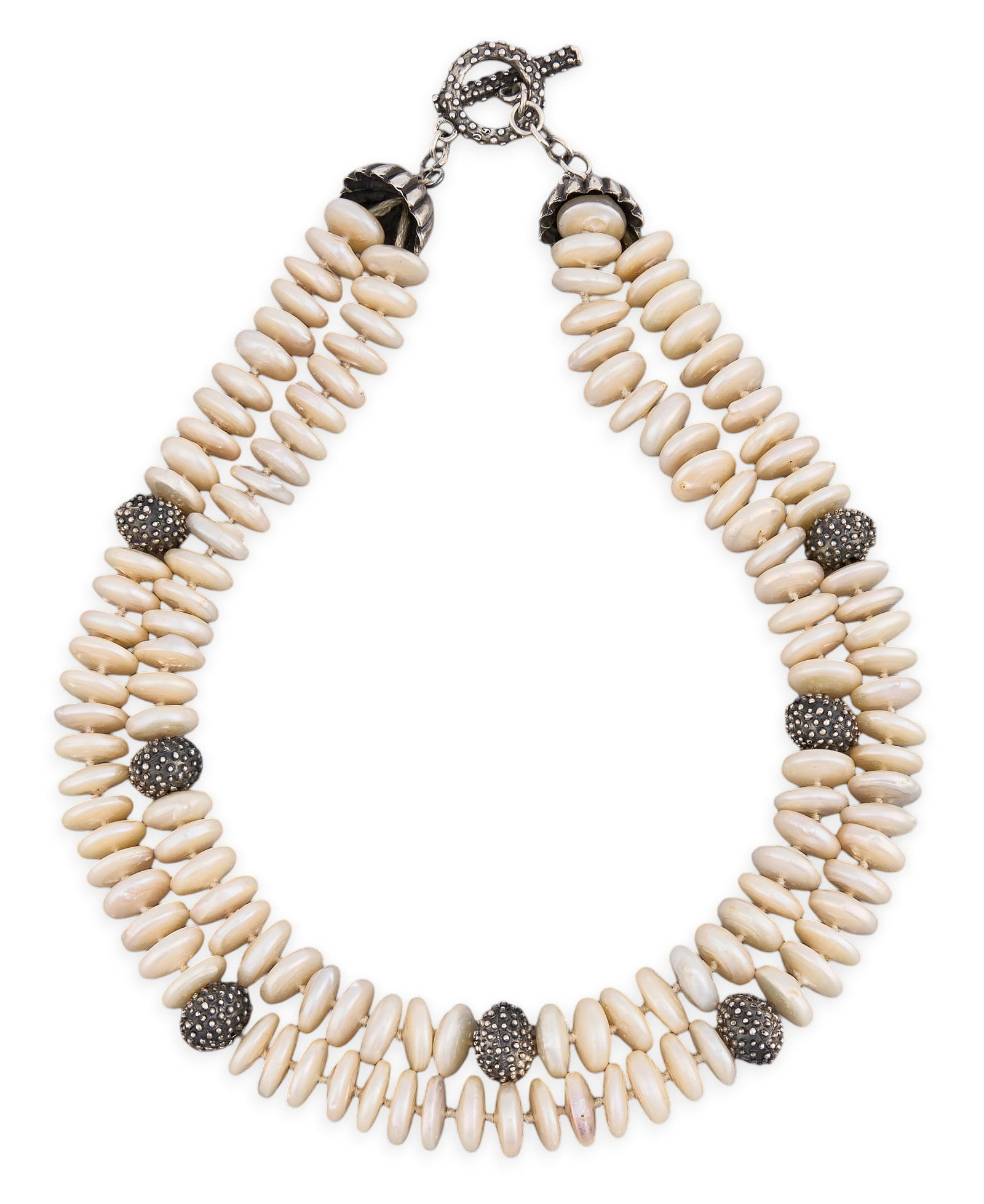 Dian Malouf, Sterling & Coin Pearl Necklace: Dian Malouf two-stranded necklace composed of coin pearls and textured sterling silver beads, featuring signature textured sterling toggle closure, marked "DLM 925" near closure Length: 20&n