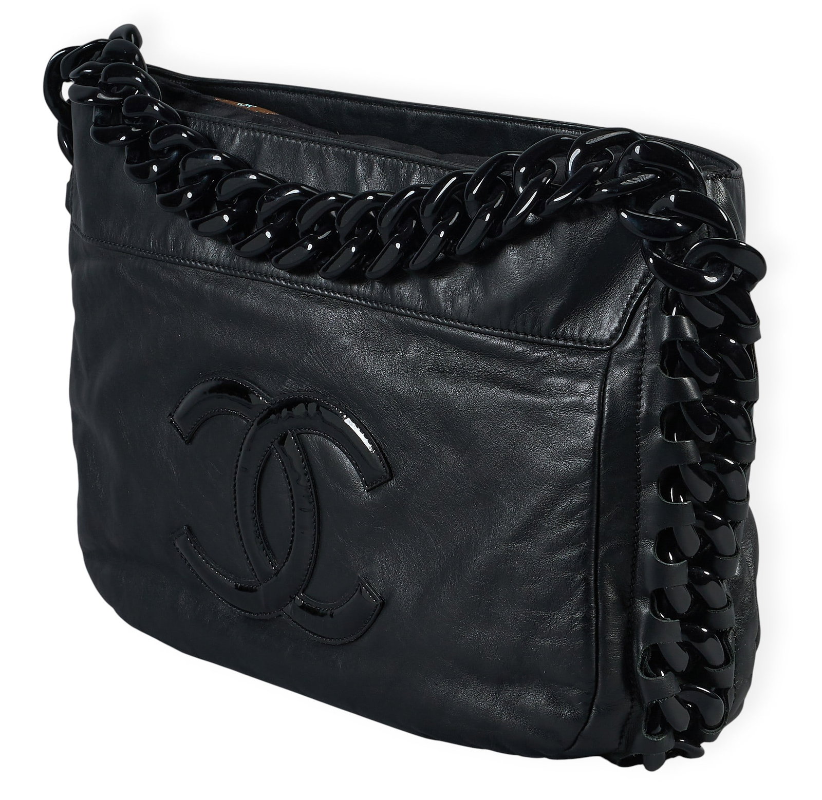 Chanel CC Shoulder Bag: Chanel CC shoulder back in black lambskin leather with plastic chain-link strap 17 in. x 11 in. x 3 in. Condition AA; perfect condition, has barely been used Provenance: Property from a home in