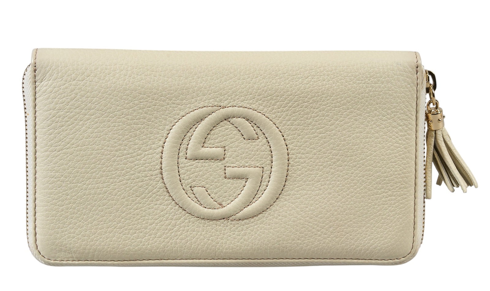Gucci Soho Wallet: Gucci Soho zip-around wallet in beige calfskin leather and golden hardware, marked 291102-493075, includes box 9 in. x 5 in. x 1 in. Condition A - excellent condition, shows little signs of