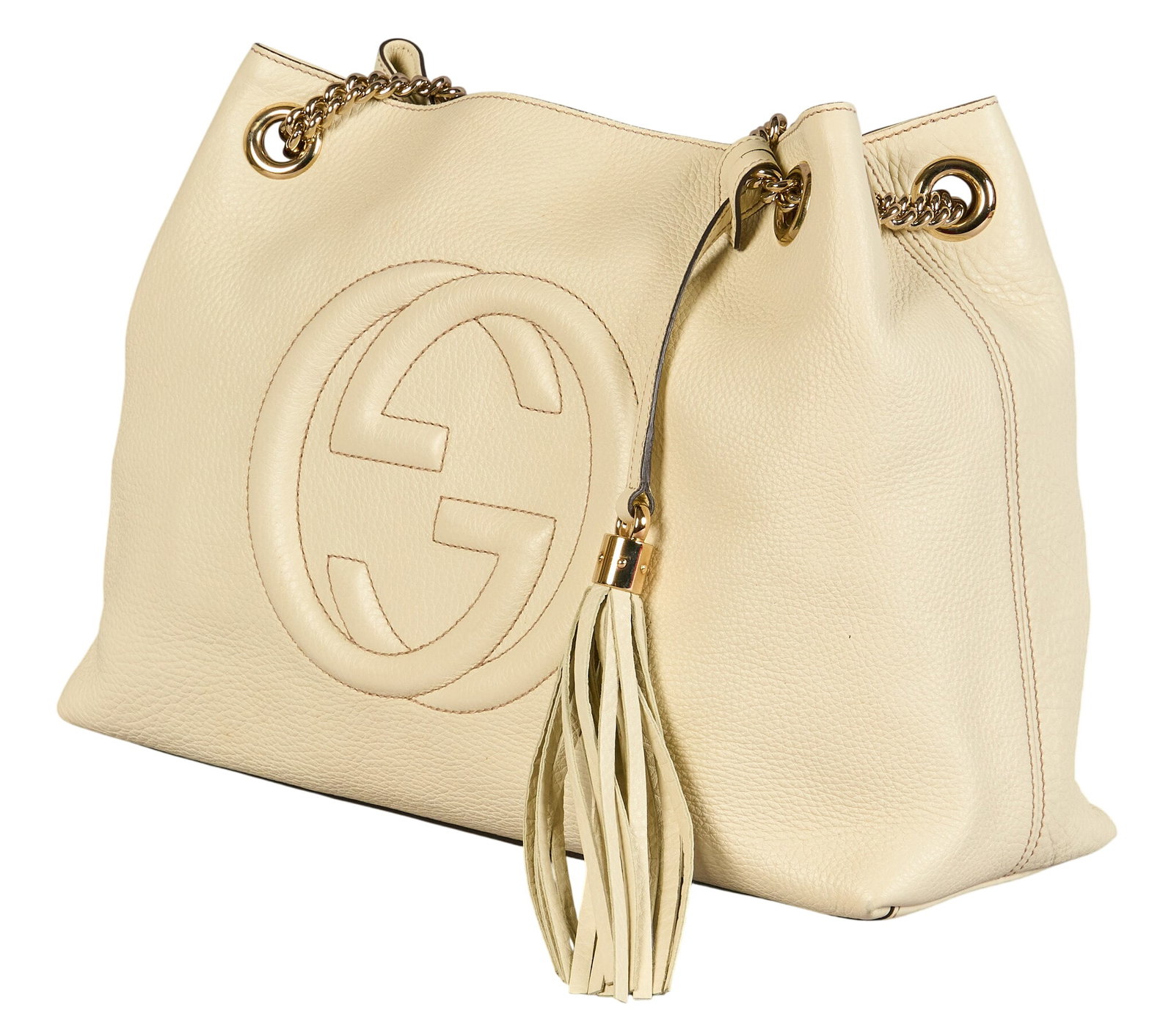 Gucci Mystic White Purse: Gucci Soho chain bag in Mystic White grained leather, with golden hardware, and tassel, marked 308982 002404, includes dustbag and booklet 16 in. x 10.5 in. x 6 in. Condition A - excellent condi