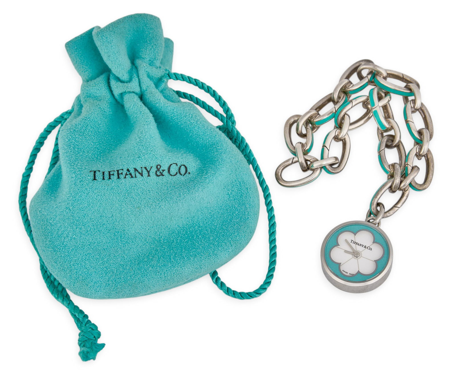 Tiffany & Co. Charm Bracelet with Blossom Watch Charm: Tiffany & Co. sterling silver watch charm bracelet, includes original box and dustbag, marked "T&Co. Ag925 Italy" to chain and "Tiffany & Co. Stainless Steel" to watch 