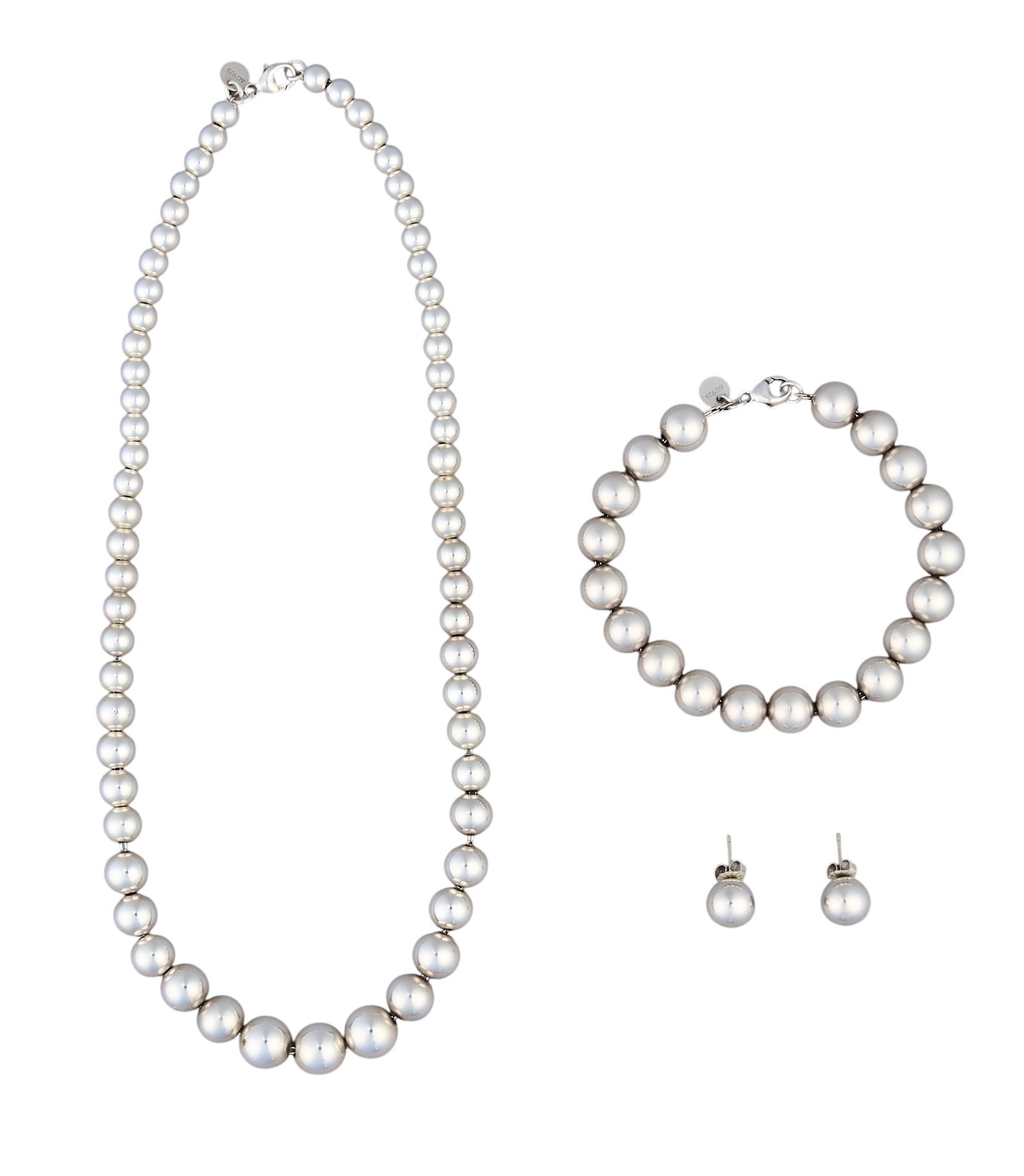 Tiffany & Co. Sterling Silver HardWear Ball Jewelry Suite: Tiffany & Co. sterling silver HardWear ball jewelry suite to include necklace, bracelet, and pair of earrings, each marked Length: 18 in. / necklace Length: 8 in. / bracelet Total weight: 1.75 ozt