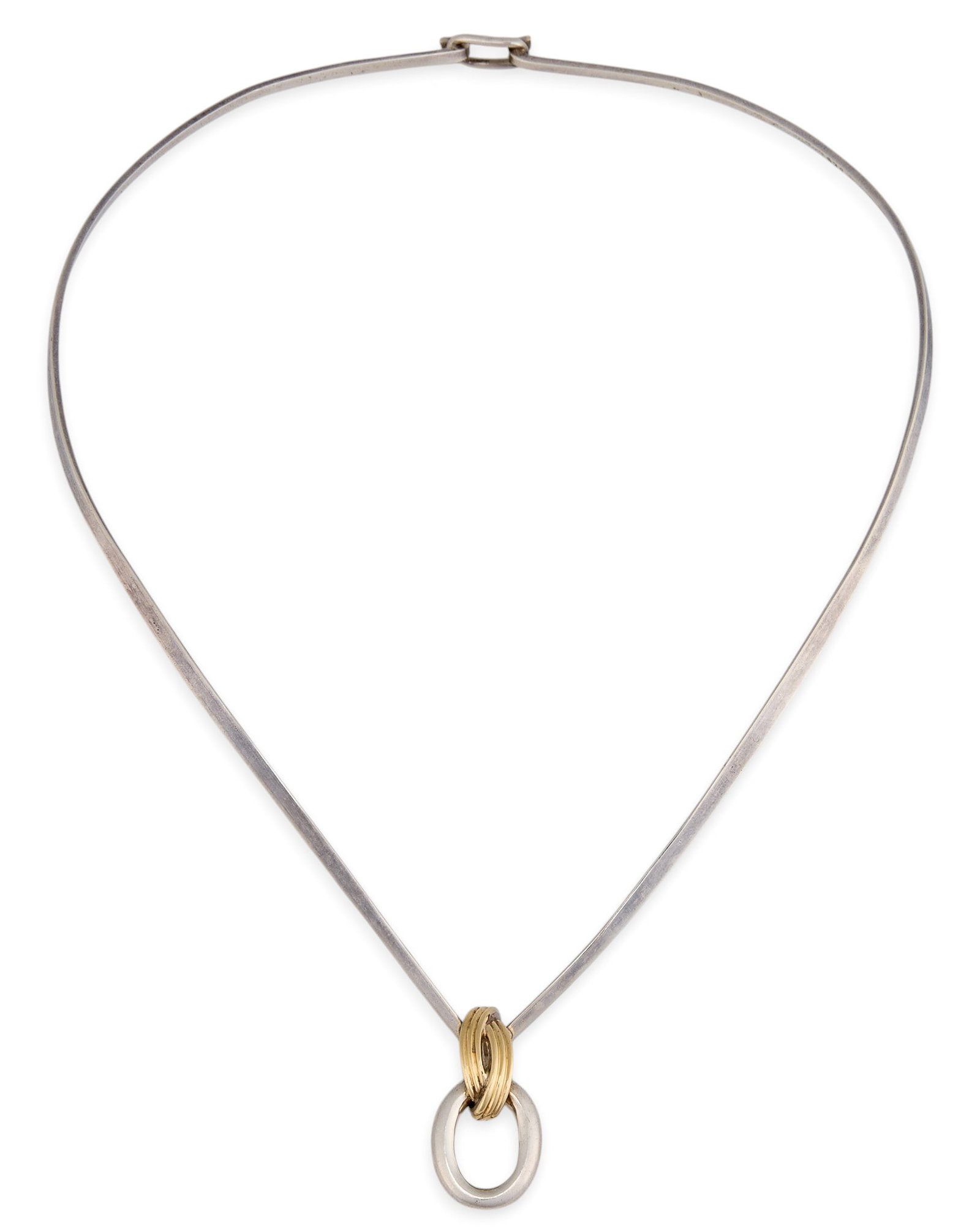 Sterling Silver & 18K Slide Pendant Necklace: Mexican sterling silver necklace by Lorenzo, featuring a tubular slide pendant accented with 18K gold, marked “925” with Lorenzo hallmark Length: 18 in. Total weight: 22.6 g Provenanc