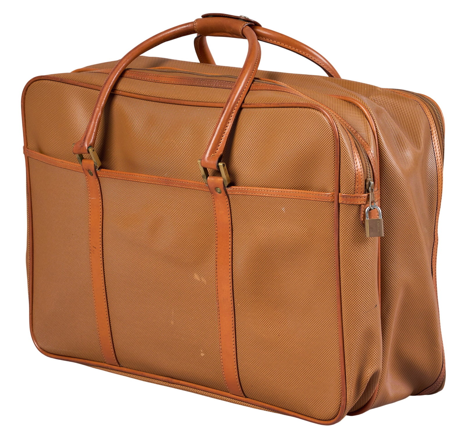 Bottega Weekender Bag: Vintage Bottega weekender travel bag in coated canvas with brown leather handles 23 in. x width 18 in. x 10.5 in. Condition B; good condition, overall structure maintained with evidence of everyday