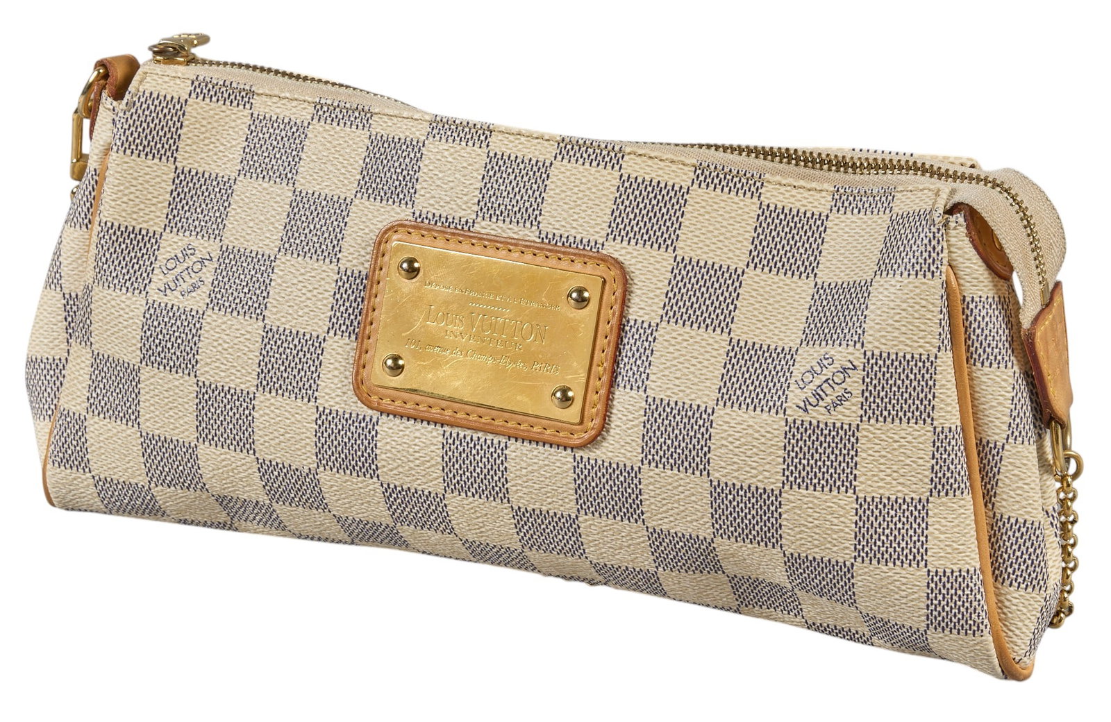 Louis Vuitton Azur Eva Shoulder Bag: Louis Vuitton Azur Eva shoulder bag in coated canvas with golden hardware, marked SD0180, includes vachetta strap, and dustbag 11 in. x 5.5 in. x 1.5 in. Condition A - excellent