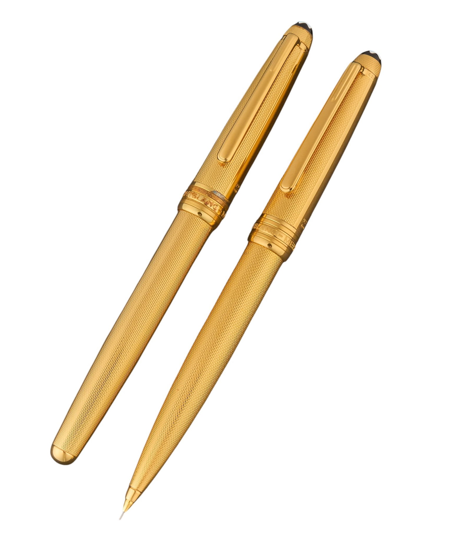 (2) Montblanc Meisterstuck Fountain Pen & Pencil: Two Montblanc writing instruments, including one Montblanc Meisterstuck Solitaire vermeil fountain pen with 18k white gold '4810' nib, never inked, and one Montblanc Meisterstuck Solitaire ver
