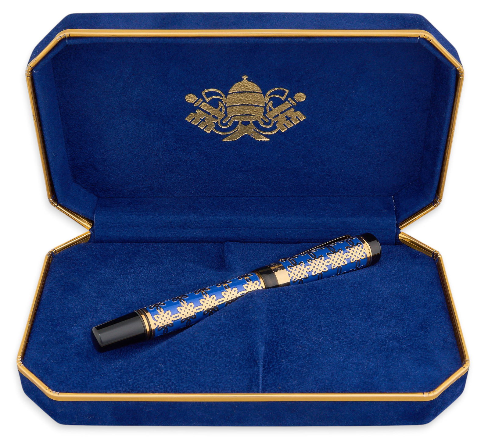 Visconti Vatican Museum Collection "Numine Afflatur" Fountain Pen: Visconti fountain pen from the Vatican Museum Collection, featuring a blue barrel with intricate gold-tone detailing, with its original presentation box and accompanying paperwork