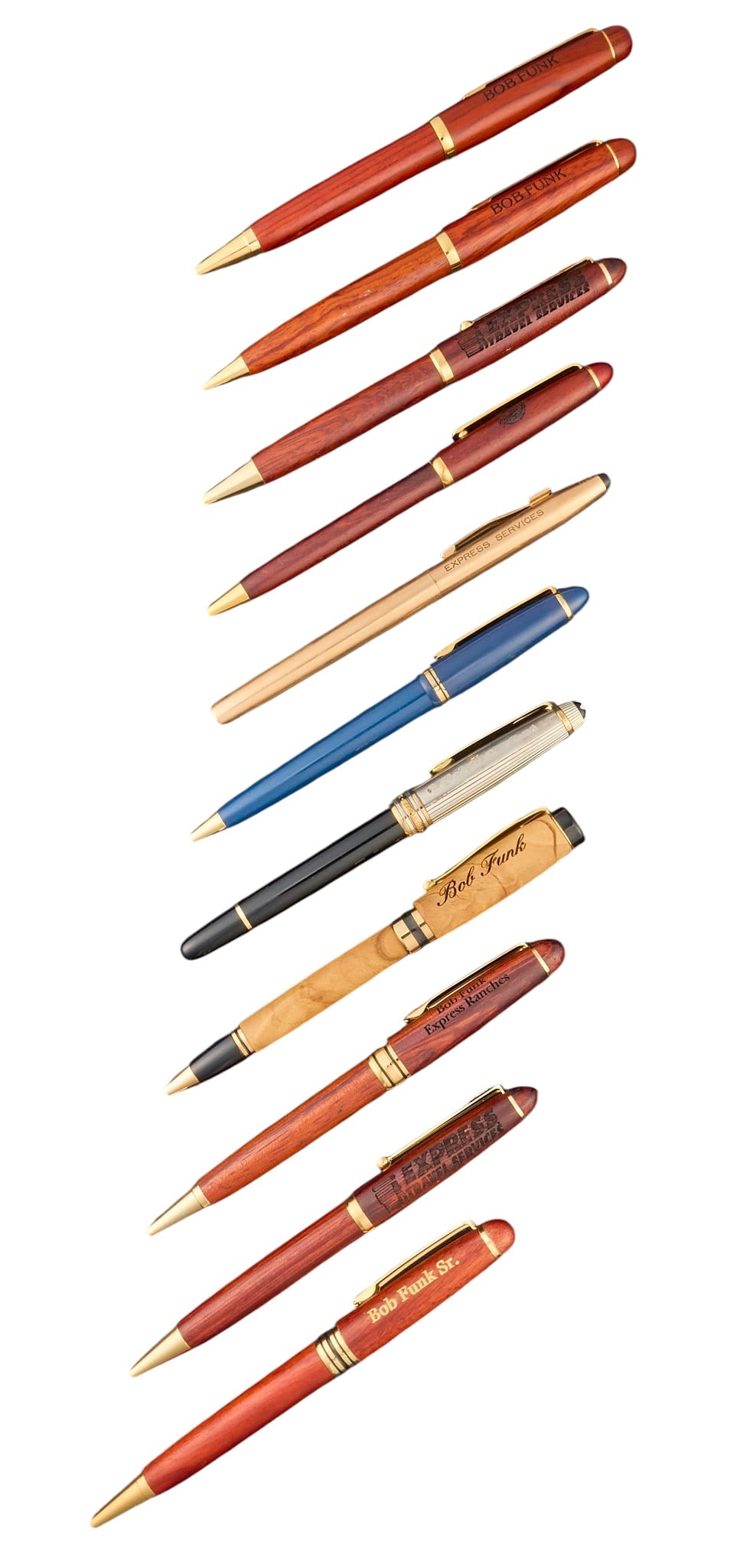(11) Bob Funk and Express Ranches Pens: Collection of eleven pens, all with personalization or branding for Bob Funk or his Express Services businesses, includes one Montblanc Meisterstuck with sterling silver cap and 'Robert A. Funk