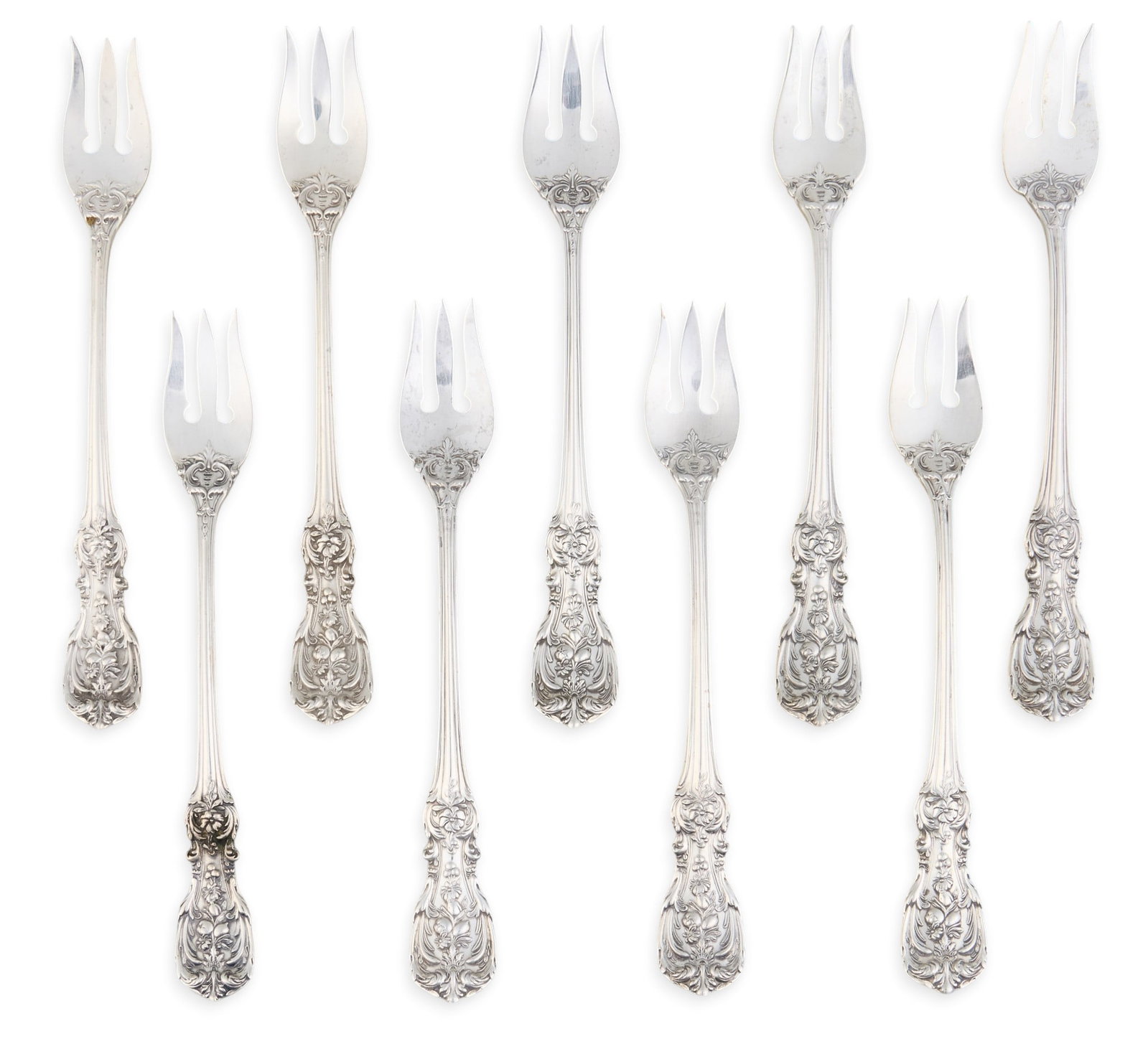 (9) "Francis I" by Reed and Barton Sterling Silver Cocktail Forks: Nine "Francis I" by Reed and Barton sterling silver cocktail forks length: 5.5 in. / each Total weight: 6.28 ozt (weighable silver) Provenance: Property from the collection of an indus