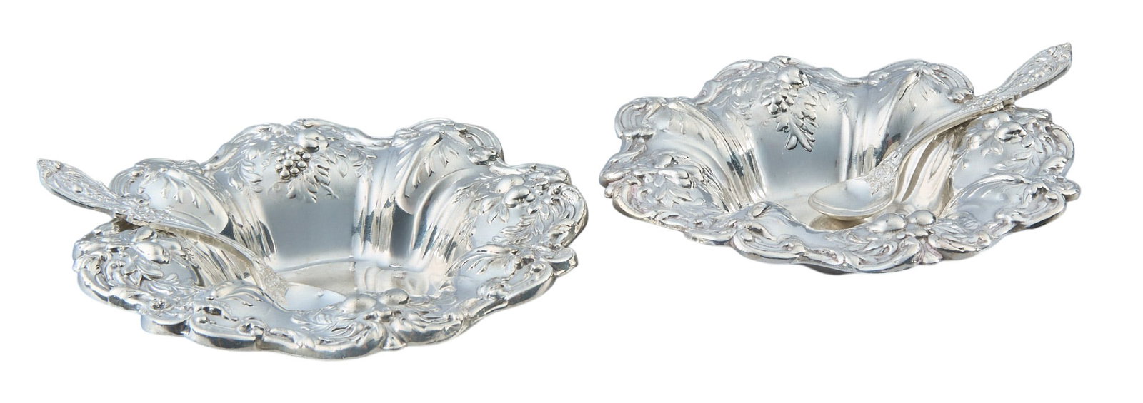 (2) "Francis I" by Reed and Barton Salt Bowls with Spoons: Two "Francis I" by Reed and Barton salt bowls with spoons height 0.5 in. x diameter 3.5 in. / each Total weight: 3.55 ozt (weighable silver) Provenance: Property from the collect