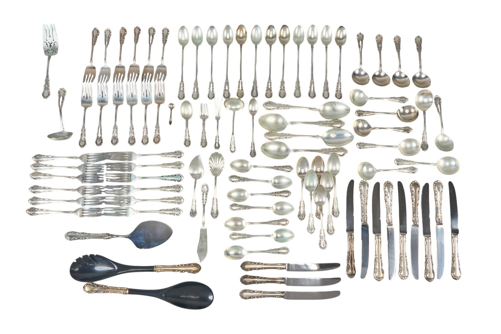 "Georgian Rose" by Reed & Barton 88 pc Partial Flatware Set: "Georgian Rose" by Reed and Barton sterling silver 88 pc flatware set Includes: 12 dinner knives 9 in. 12 dinner forks 7 in. 13 spoons 12 teaspoons 12 soup spoons 12 meat serving