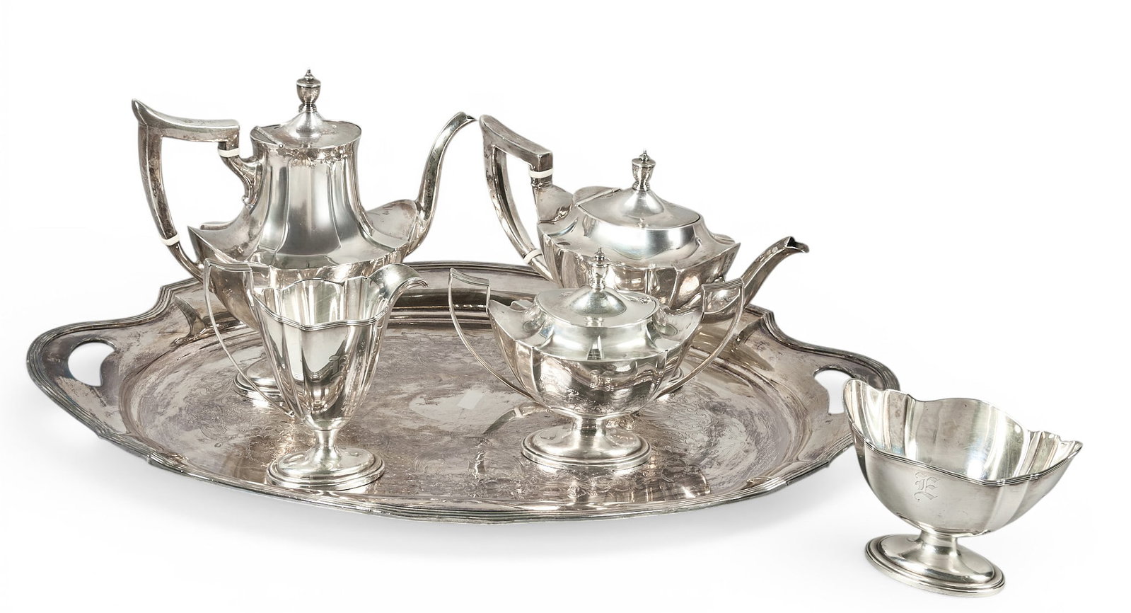 "Plymouth" by Gorham (5) Pc Sterling Silver Tea Set with Tray: "Plymouth" by Gorham 5 pc sterling silver tea set with tray (in different pattern), includes tea pot, coffee pot, sugar container with lid, creamer, and waste bowl, each monogrammed and mark