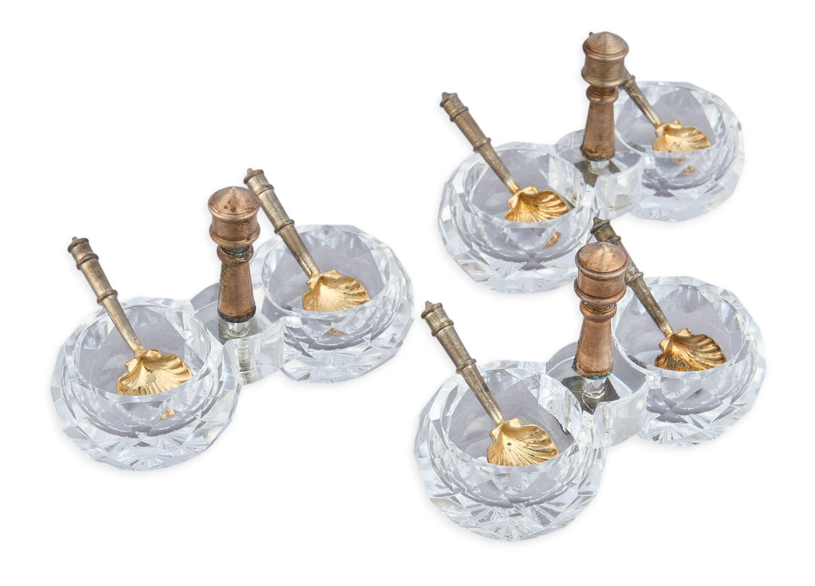 (3) Sterling Silver Salt Bowls with Spoons: Sterling silver salt bowls with spoons height 2 in. x width 3 in. x depth 1.5 in. Total weight: 1.00 ozt Provenance: Property from the collection of an industrial chemicals