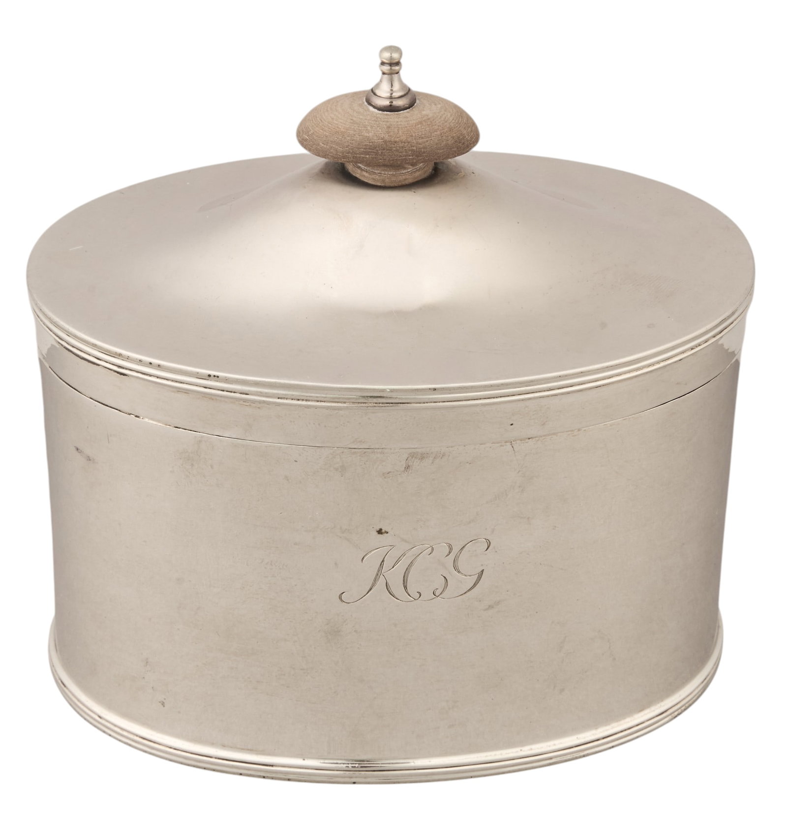Vintage Sterling Silver Chrichton & Co. Tea Caddy: Vintage sterling silver Crichton & Co. tea caddy, monogrammed height 4 in. x width 4.5 in. x depth 3.25 in. Total weight: 7.39 ozt (weighable silver) Provenance: Property fr
