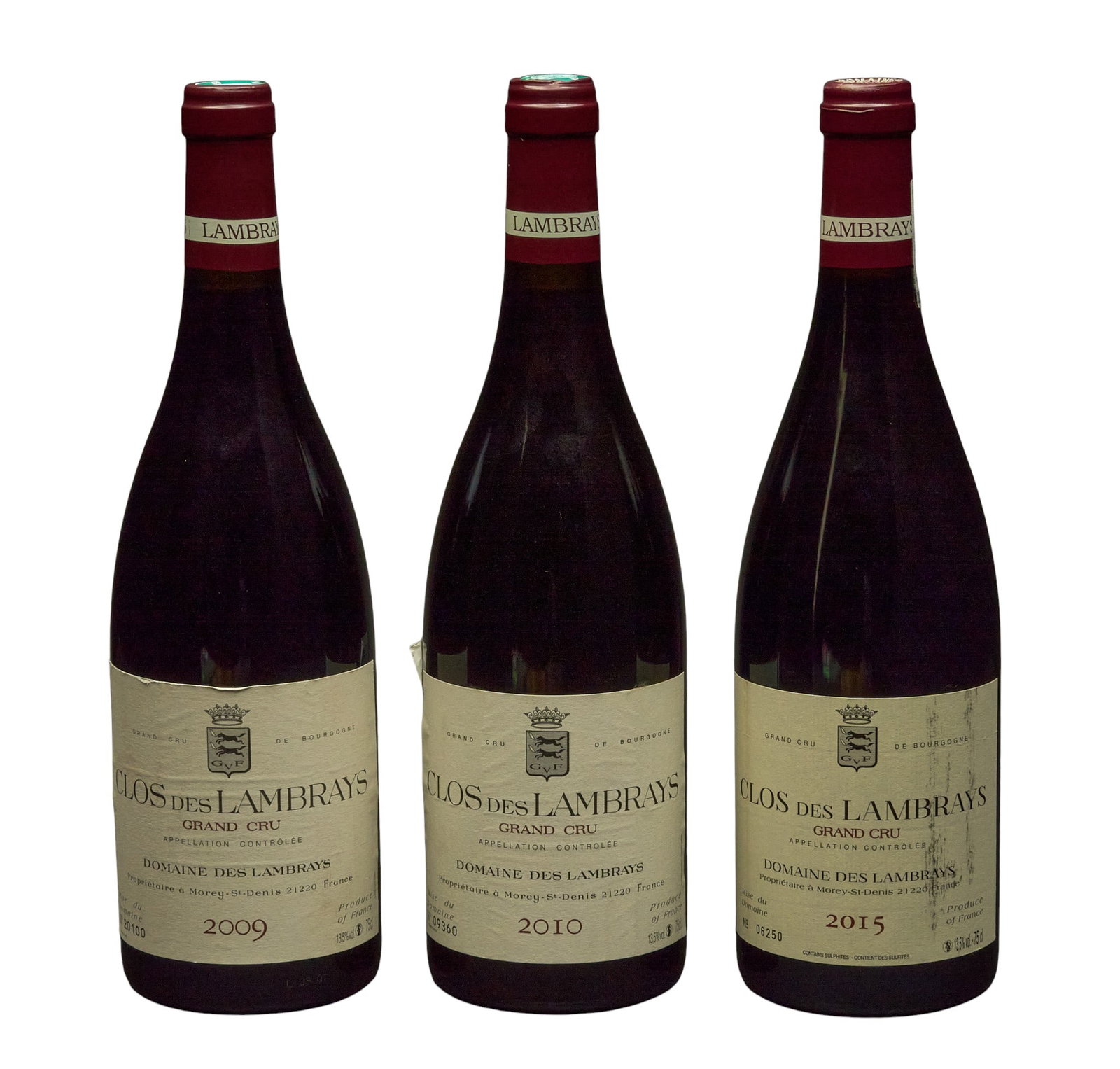 (3) Domaine de Lambrays Clos des Lambrays Various Years: Three bottles of Domaine de Lambrays Clos des Lambrays from various years: one bottle from 2009, one bottle from 2010, one bottle from 2015 Provenance: Property from the custom chilled cellar of