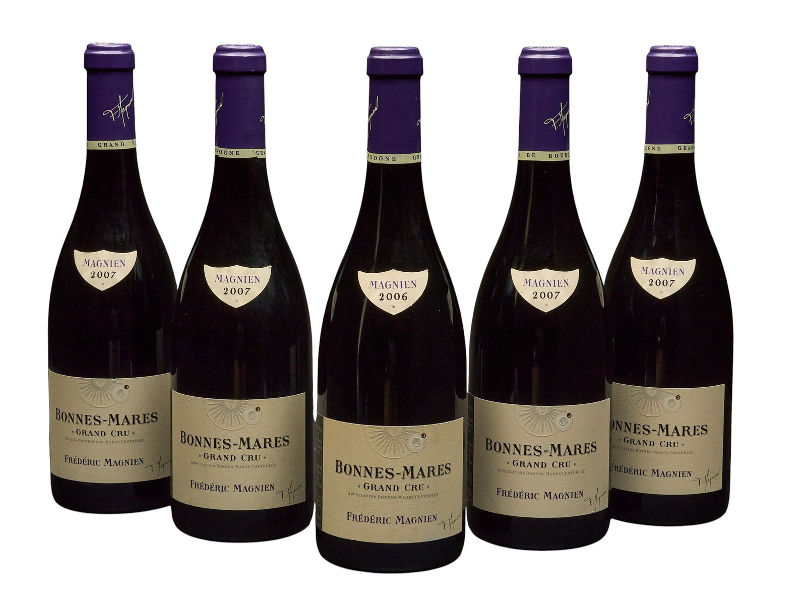 (5) Frederic Magnien Bonnes-Mares Various Years: Five bottles of Frederic Magnien from various years: one bottle from 2006, four bottles from 2007 Provenance: Property from the custom chilled cellar of the Cordillera Ranch home of prominent