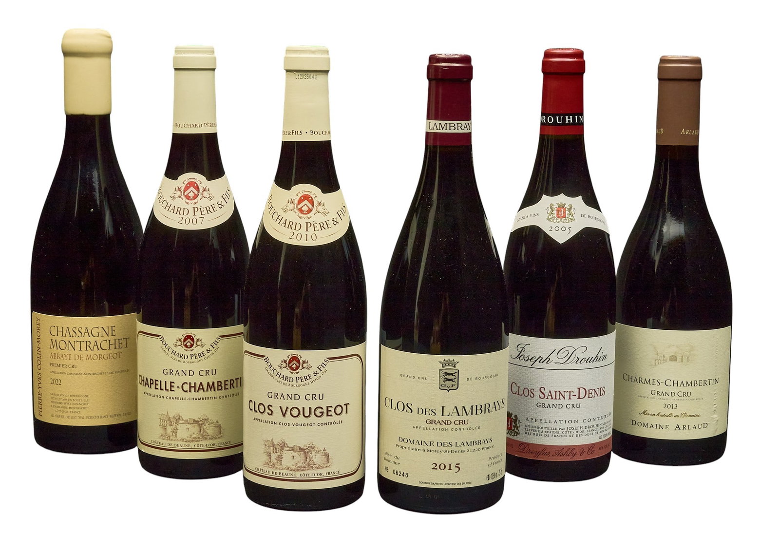 (6) Grand Cru from Various Makers & Years: Six bottles of Grand Cru from various makers and years: - one bottle of 2022 Pierre-Yves Colin-Morey Chassagne Montrachet - one bottle of 2007 Bouchard Pere & Fils Chapelle-Chambertin -one