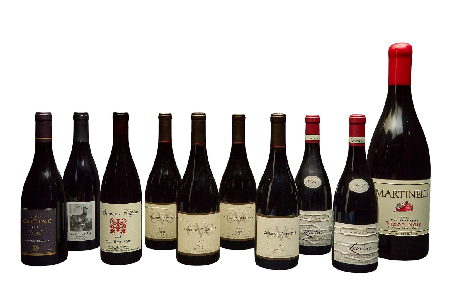 (10) Pinot Noirs, Various Makers & Years: Ten bottles of Pinot Noir from various makers and years: - one bottle of 2013 Russian River Valley "The Calling" - one bottle of 2022 Antler Hill - one bottle of 2011 Brewer-Clifto