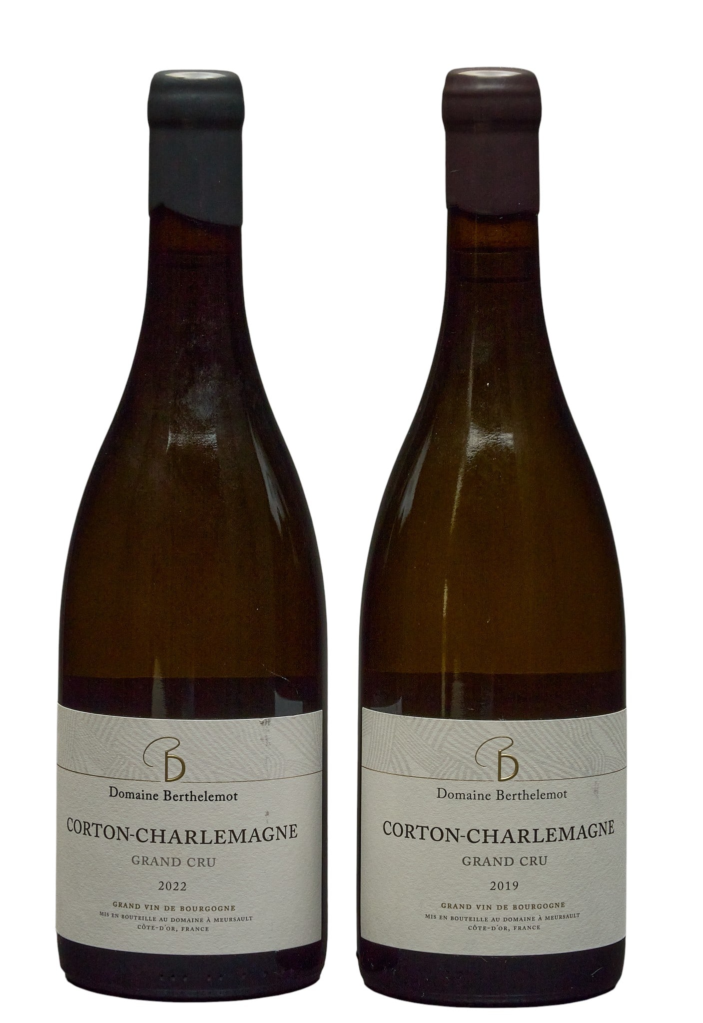 (2) Domaine Berthelemot Corton-Charlemagne Various Years: Two bottles of Domaine Berthelemot Corton-Charlemagne from various years: one bottle from 2019, one bottle from 2022 Provenance: Property from the custom chilled cellar of the Cordillera Ranch ho