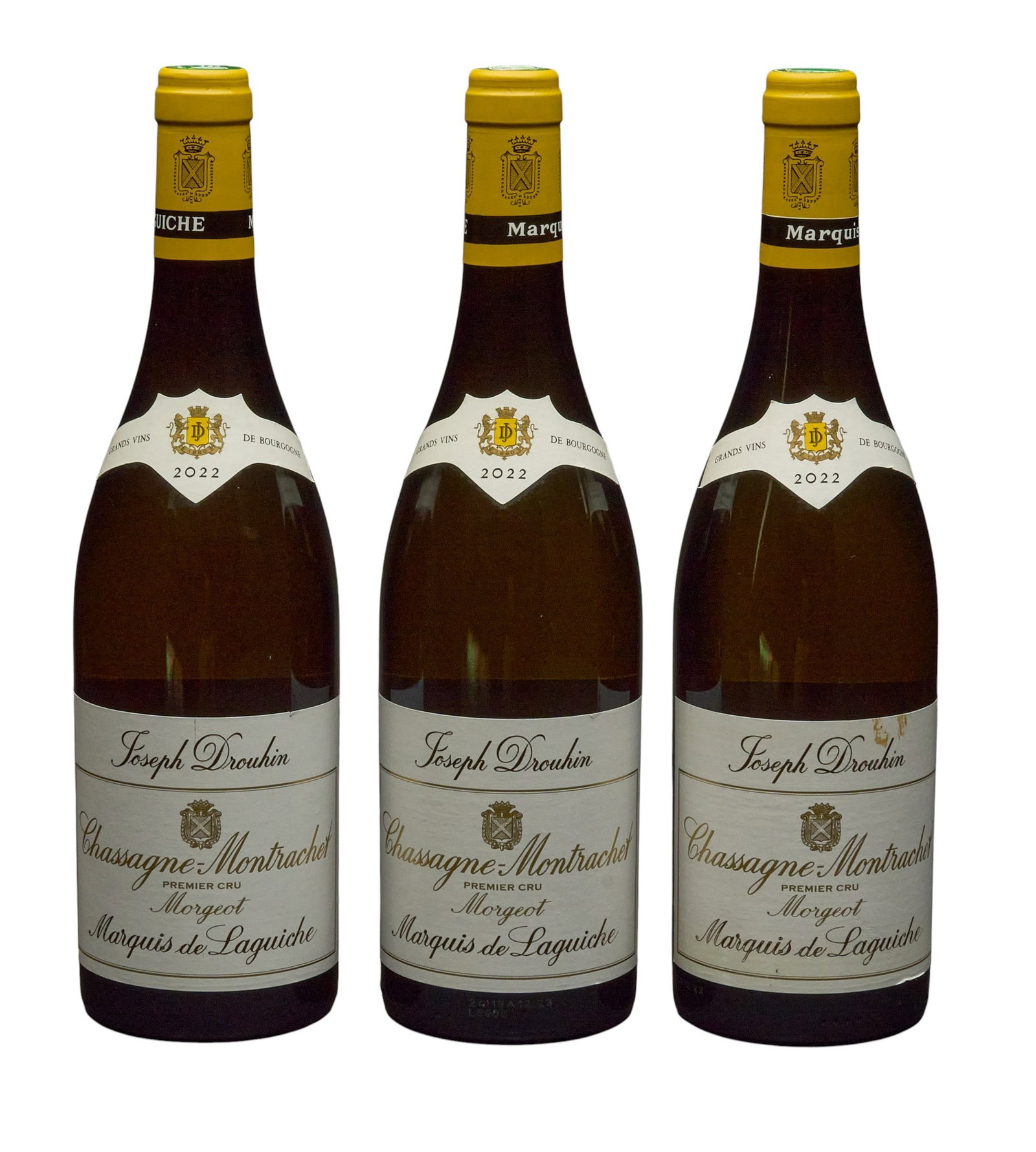 (3) 2022 Joseph Drouhin Chassagne-Montrachet Premier Cru: Three bottles of 2022 Joseph Drouhin Chassagne-Montrachet Premier Cru Provenance: Property from the custom chilled cellar of the Cordillera Ranch home of prominent attorney David J. Arata