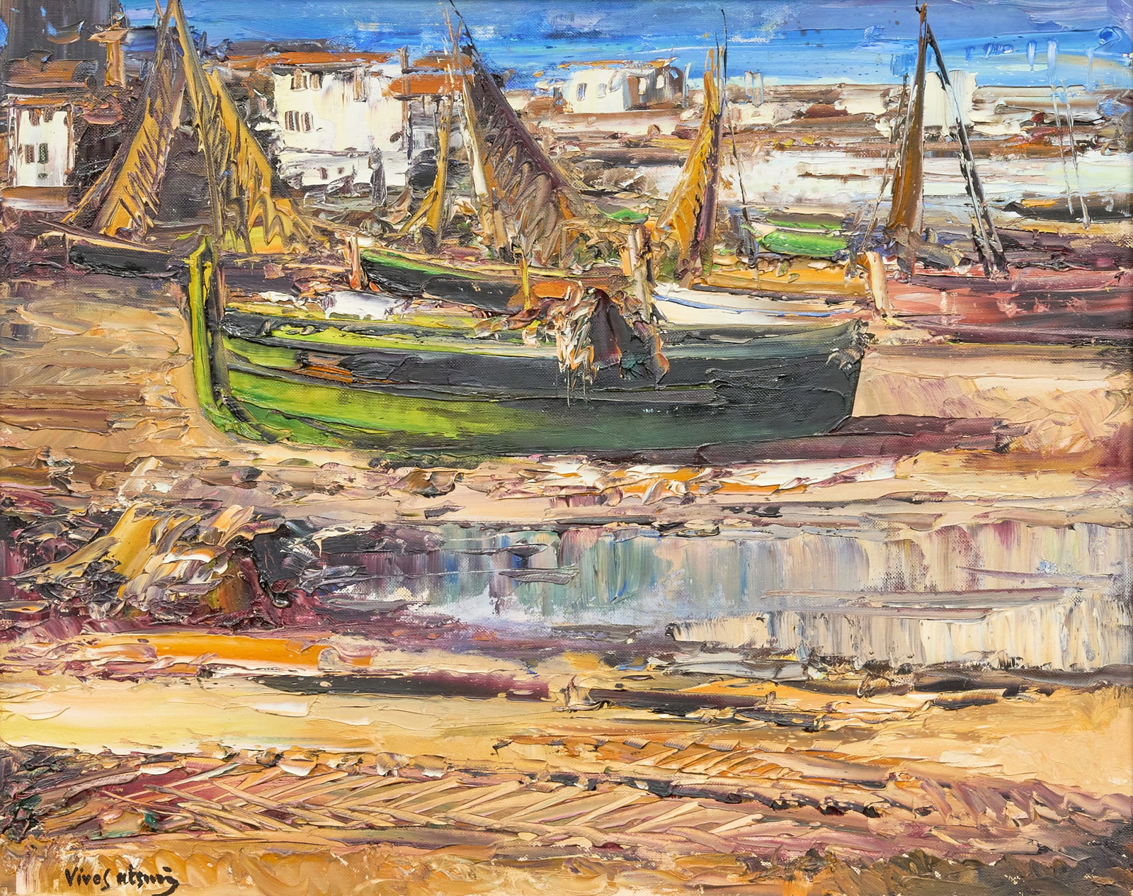 Jose Vives-Atsara, "Boats, Catalonia": Jose Vives-Atsara (Spain / San Antonio, Texas, 1919-2004), "Boats, Catalonia, Spain", oil on panel, signed lower left, artist's inscription on the verso with signature, title, 