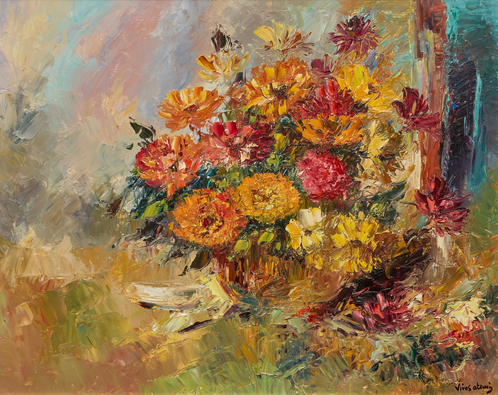 Jose Vives-Atsara, Floral Arrangement: Jose Vives-Atsara (Spain / San Antonio, Texas, 1919-2004), floral still life, oil on panel, signed lower right sight: 24 x 30 in., frame: 30.5 x 36 in. Provenance: Property from a Texas Hill Country c