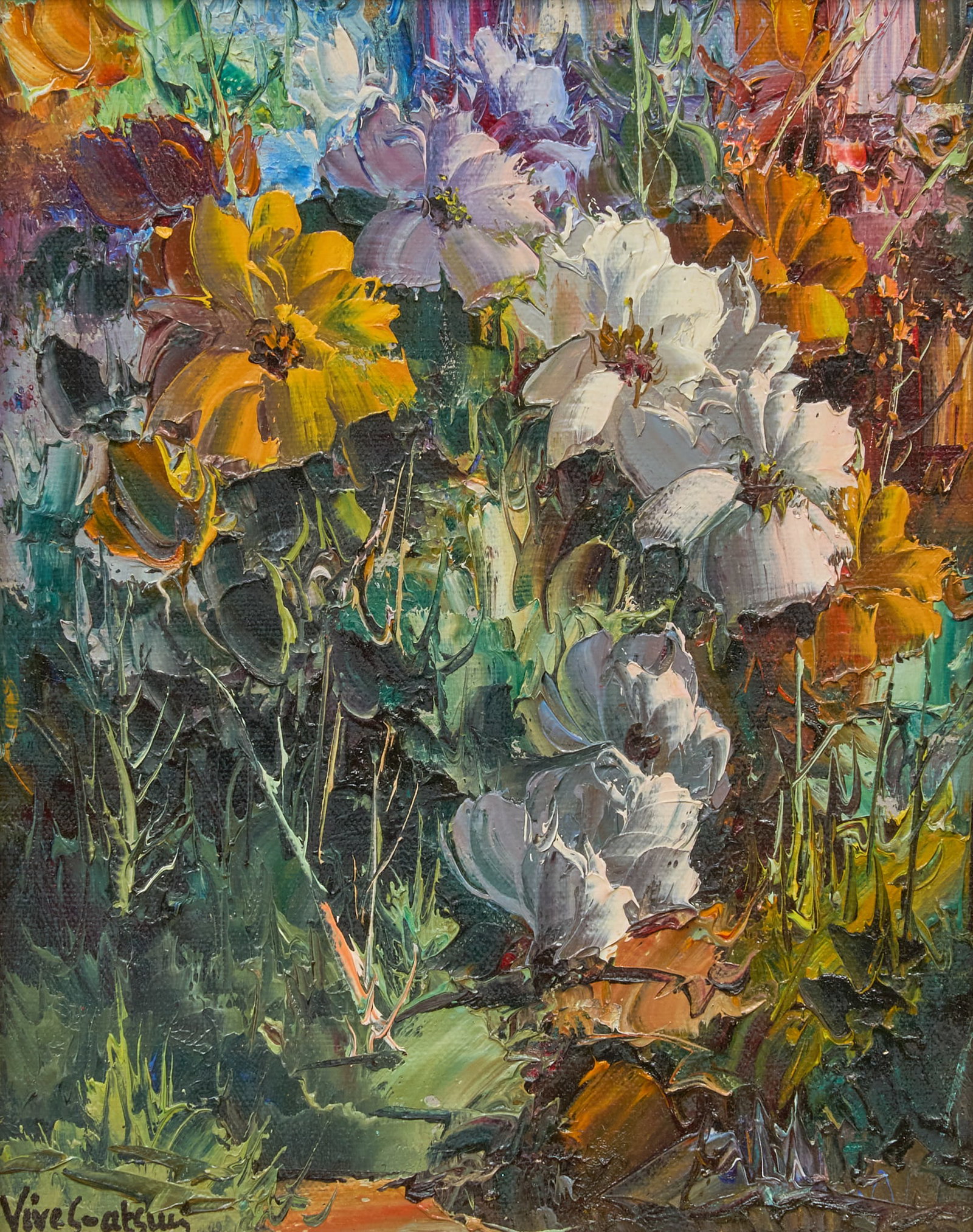 Jose Vives-Atsara, "Wild Flowers": Jose Vives-Atsara (Spain / San Antonio, Texas, 1919-2004), "Wild Flowers", oil on canvas, signed lower left, artist's inscription on the verso with signature, title, and date, 1975 sight