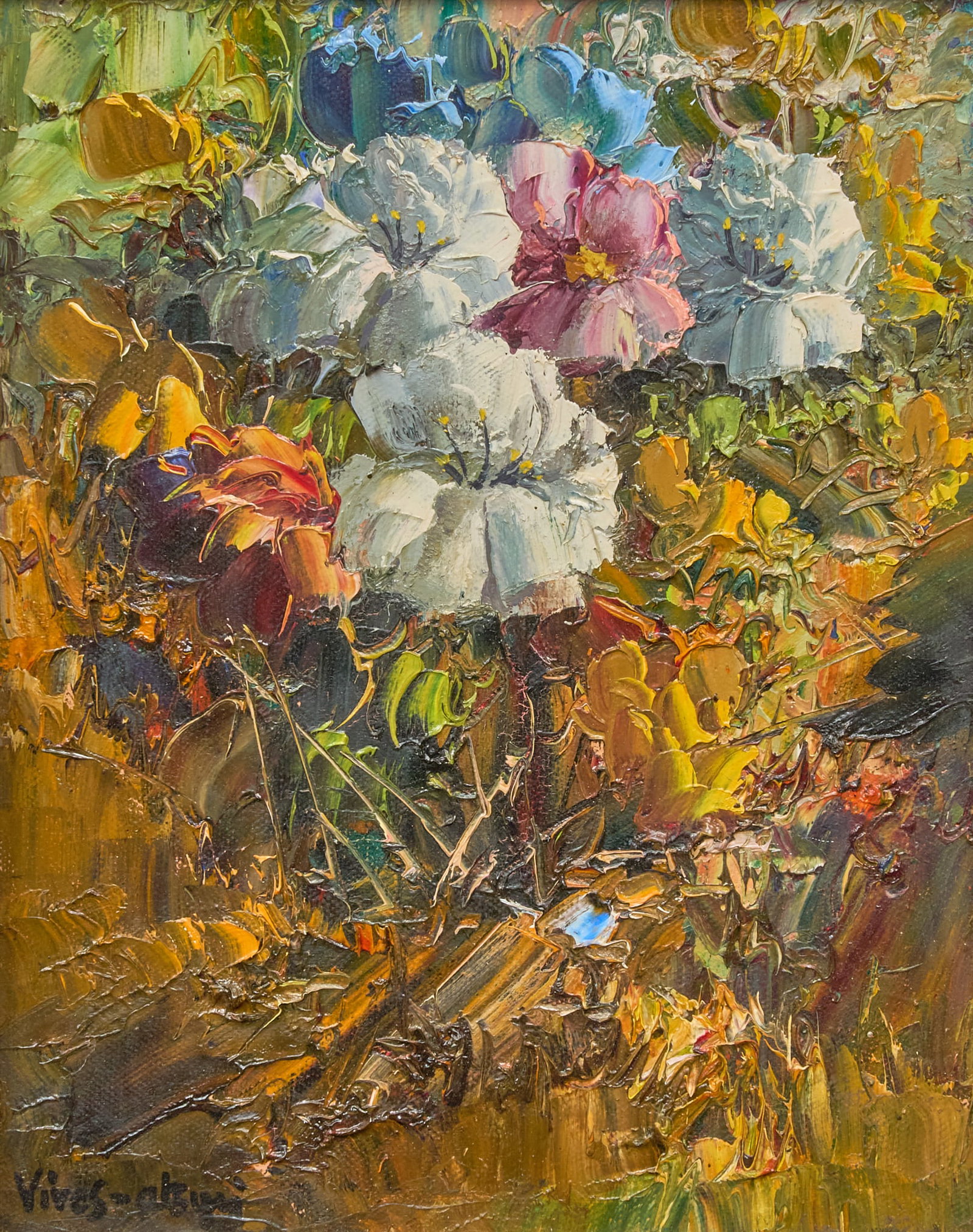 Jose Vives-Atsara, "Wild Flowers": Jose Vives-Atsara (Spain / San Antonio, Texas, 1919-2004), "Wild Flowers", oil on canvas, signed lower left, artist's inscription on the verso with signature and title sight: 10&nbs