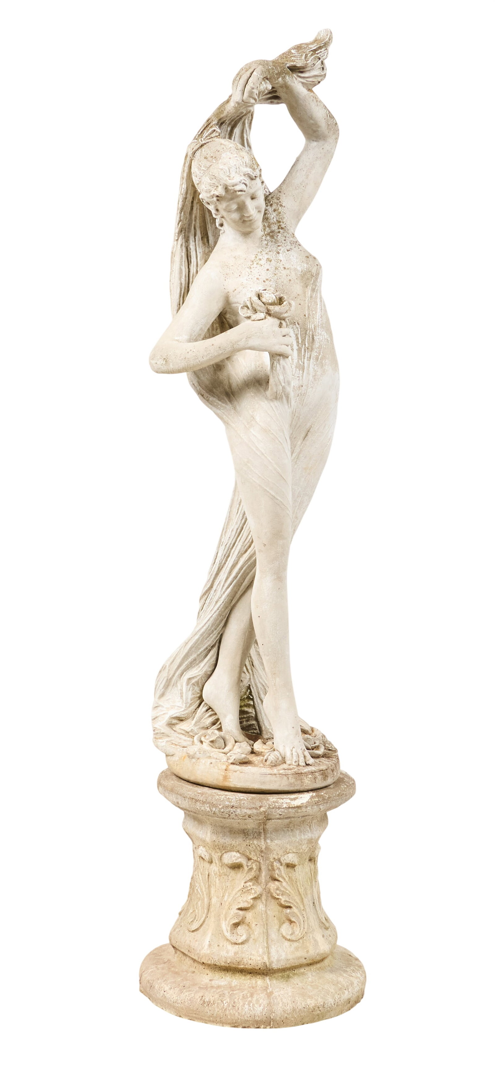 Classical Style Sculpture on Pedestal: Classical style Art Nouveau maiden statue, in the style of the "Danza dei Fiori" design, supported on pedestal base height 71.5 in. x width 16 in. x depth 16 in. Provenance: Property fr
