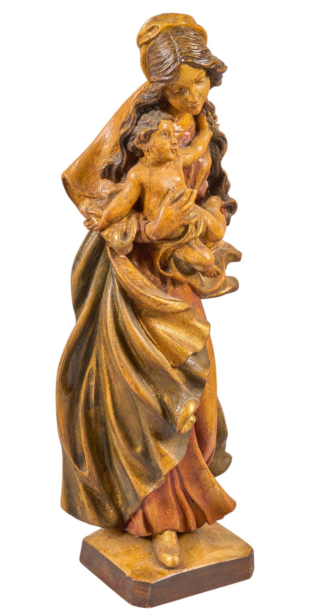Vintage Italian Carved & Painted Madonna: Vintage hand-carved and painted Italian depiction of the Virgin Mary and infant Christ height 20.5 in. x width 7 in. x depth 5 in. Provenance: Property from the collection of an industrial chemi