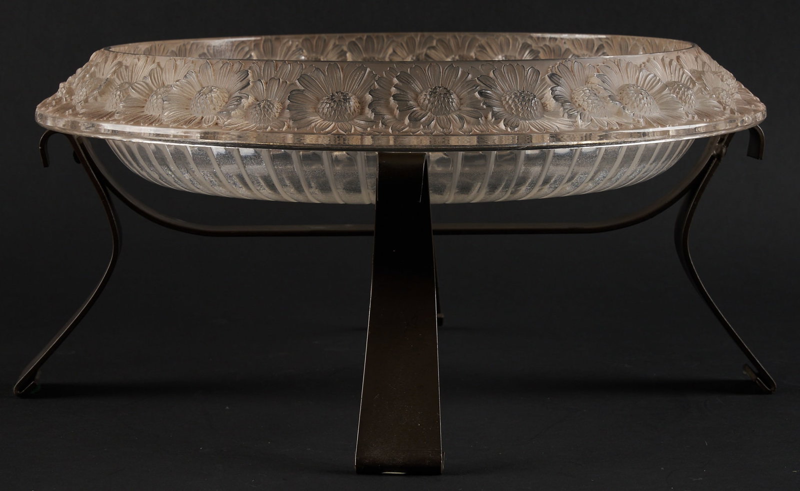 Lalique Large "Marguerites" Crystal Bowl with Iron Stand: Lalique large "Marguerites" crystal bowl with iron stand, floral motif border, signed "Lalique France" on base height 7.5 in. x width 14.5 in. x depth 14.5 in. / with stand Provena