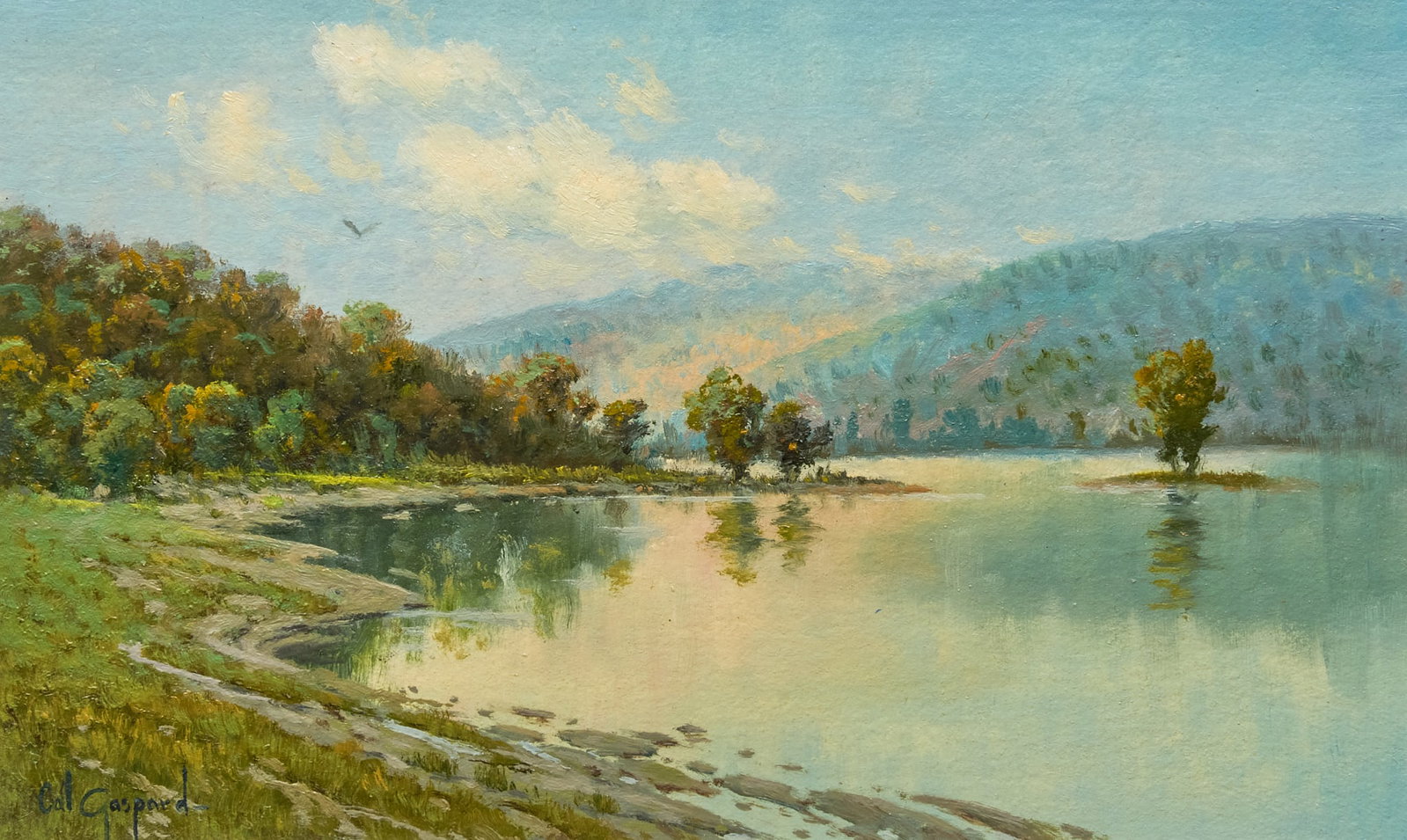 Cal Gaspard, "Lake View": Cal Gaspard (Amer., b. 1934), "Lake View", oil on canvas, signed lower left, brass plaque from Sherwoods Gallery on the verso with title and date, 1998 sight: 7 x 10 in., frame: 15 x 18.5 in