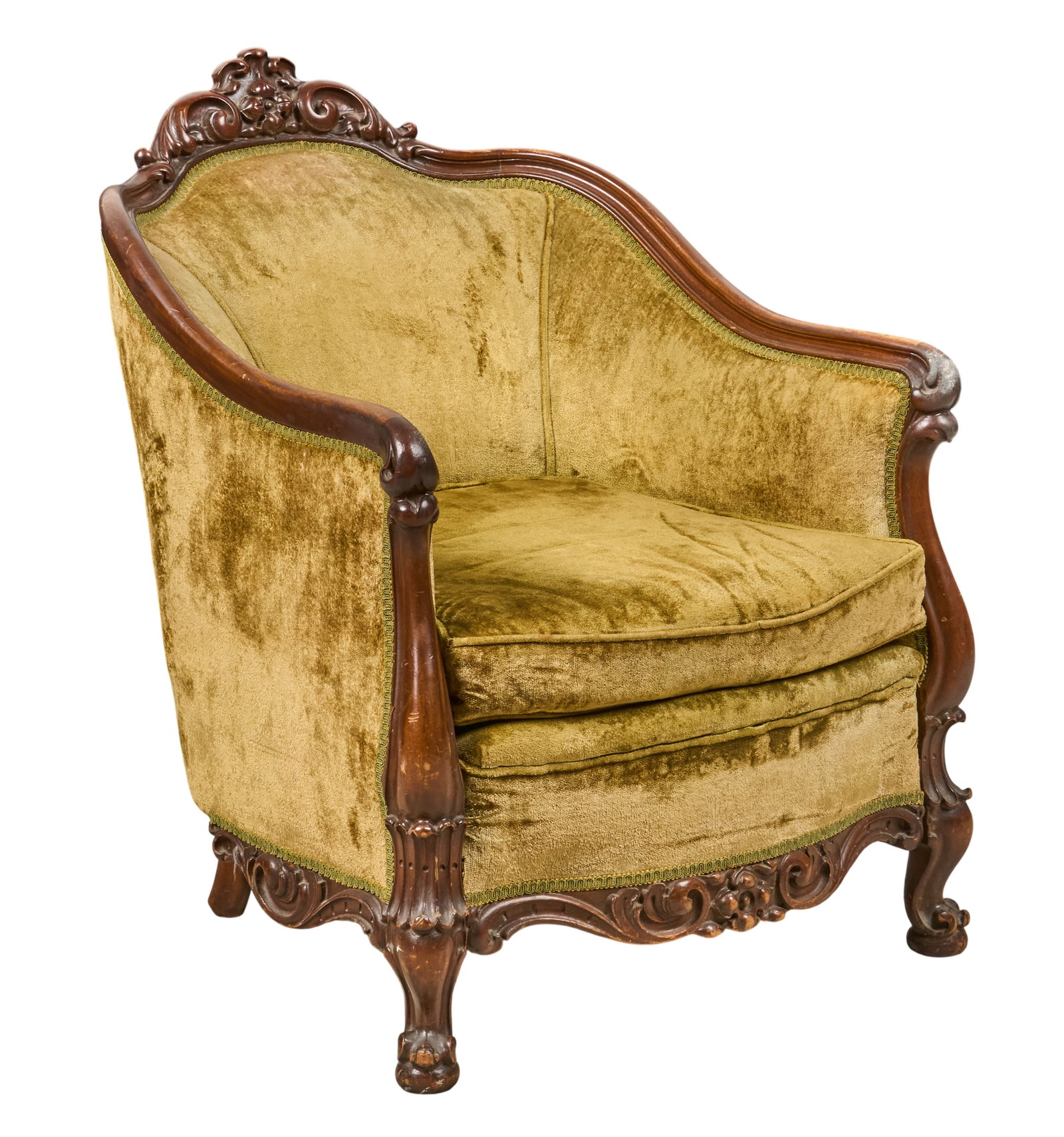 Louis XV Style Style Armchair: Louis XV style armchair with carved frame and olive-green plush upholstery height 36 in. x width 29 in. x depth 33 in. Provenance: Property from a home in Boerne, Texas