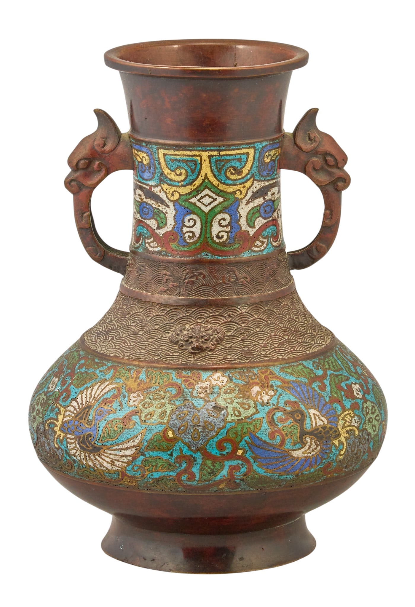 Japanese Bronze Vase: Japanese bronze vase, adorned with cloisonne enamel bird design, and dragon handles, engraved "Made In Japan" height 12 in. x diameter 8 in. Provenance: Property from a home in