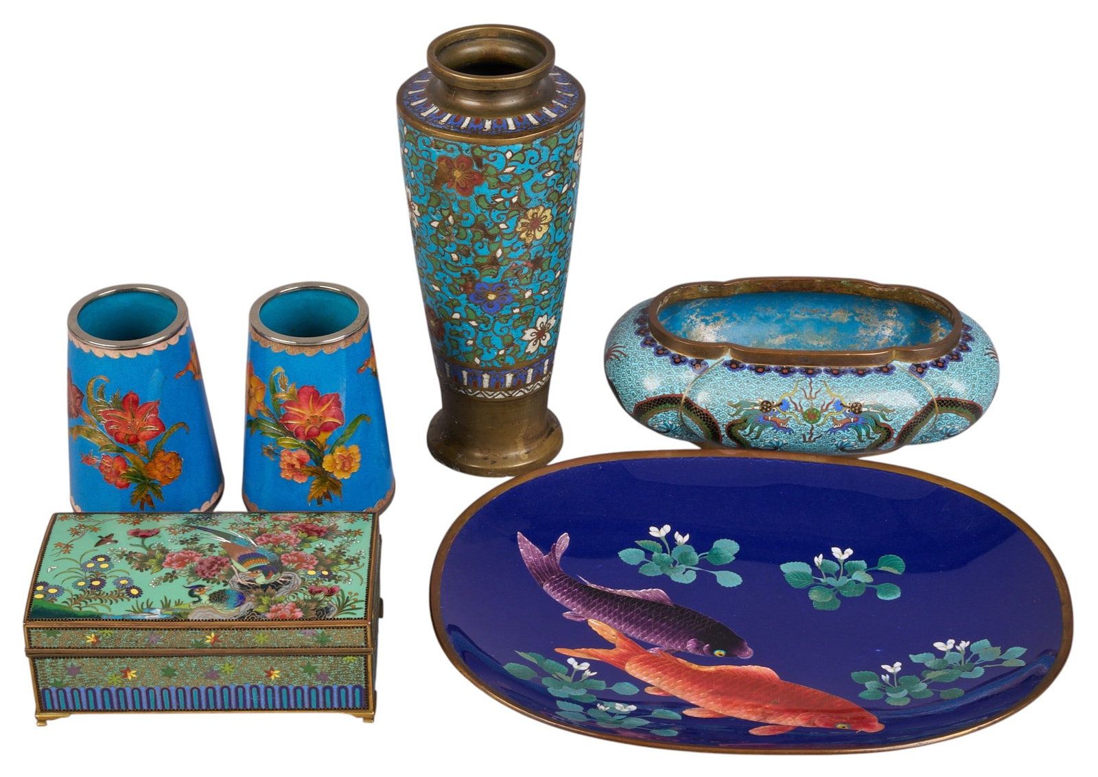 (6) Cloisonne Objects: Collection of Chinese and Japanese cloisonne enamel objects, includes one lidded box, pair of vases, single vase, scalloped bowl, and one dish height 9.5 in. x diameter 4 in. / tallest